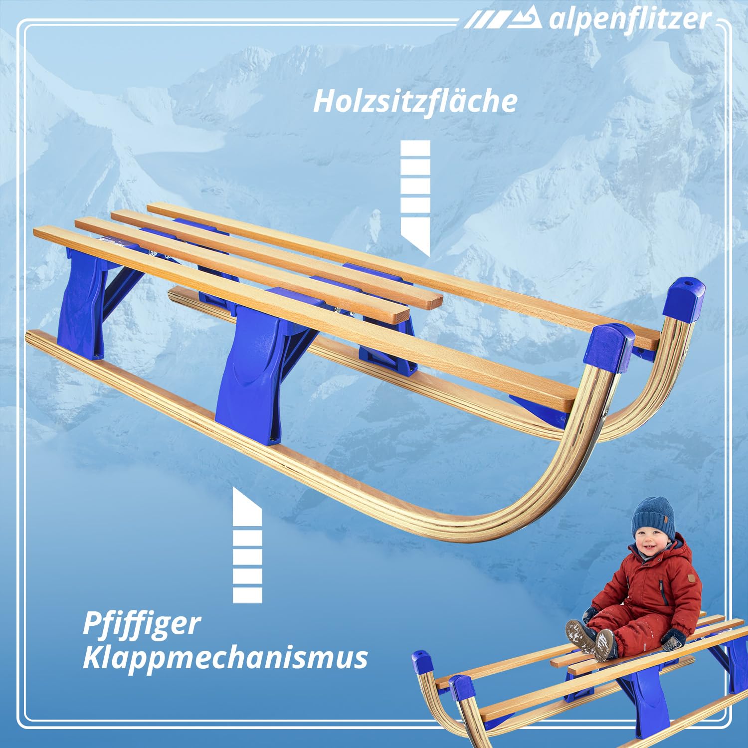 Trineo de Madera Alpenflitzer® con Respaldo 110 cm; Trineo Davos Plegable para niños; Trineo de Madera de Haya de Primera Calidad Trineo Plegable (Modelo 2023)