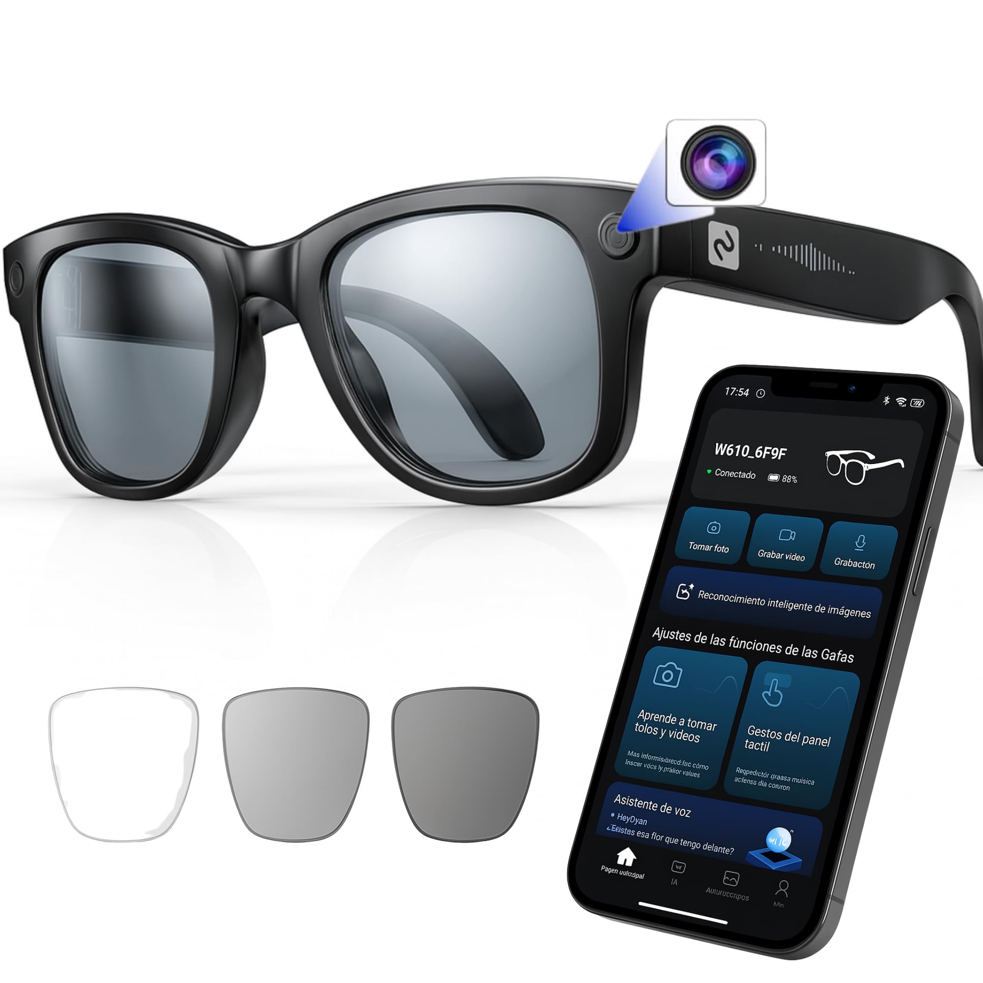 smartia smartia – Gafas Inteligentes con cámara, App incluida en español, Gafas Bluetooth Sonido Hi-Fi, IA GPT 5 integrada por Voz, Smart Glasses fotocromáticas y Traducción Simultánea, Cámara de 33 MP 4K