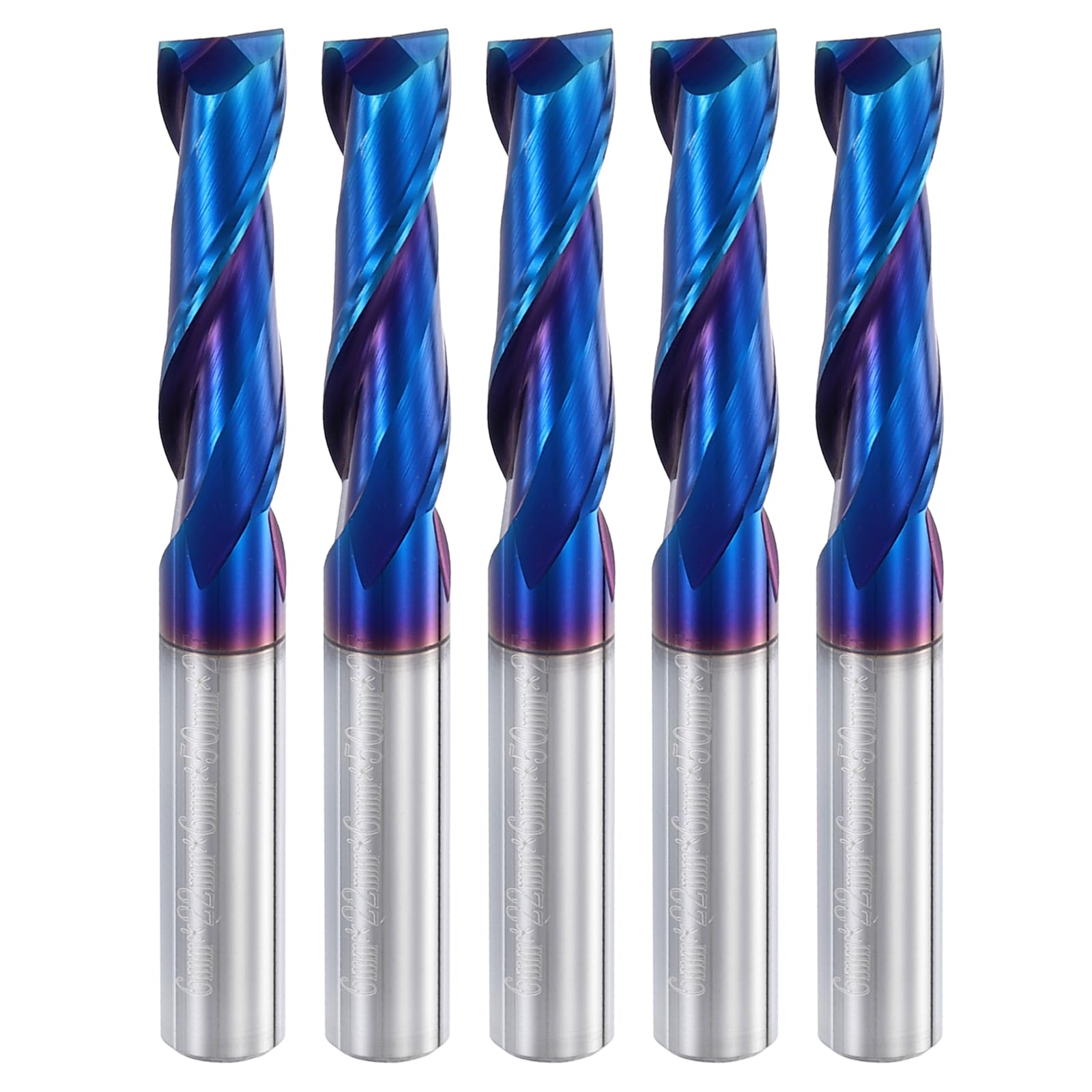 QUARKZMAN 5 sztuk frezy spiralne, średnica cięcia 6 mm, cięcie do góry, 2-ostrzowe, frezy z twardego metalu z trzonkiem 6 mm do grawerowania w drewnie CNC, długość cięcia 22 mm, niebieska powłoka nano