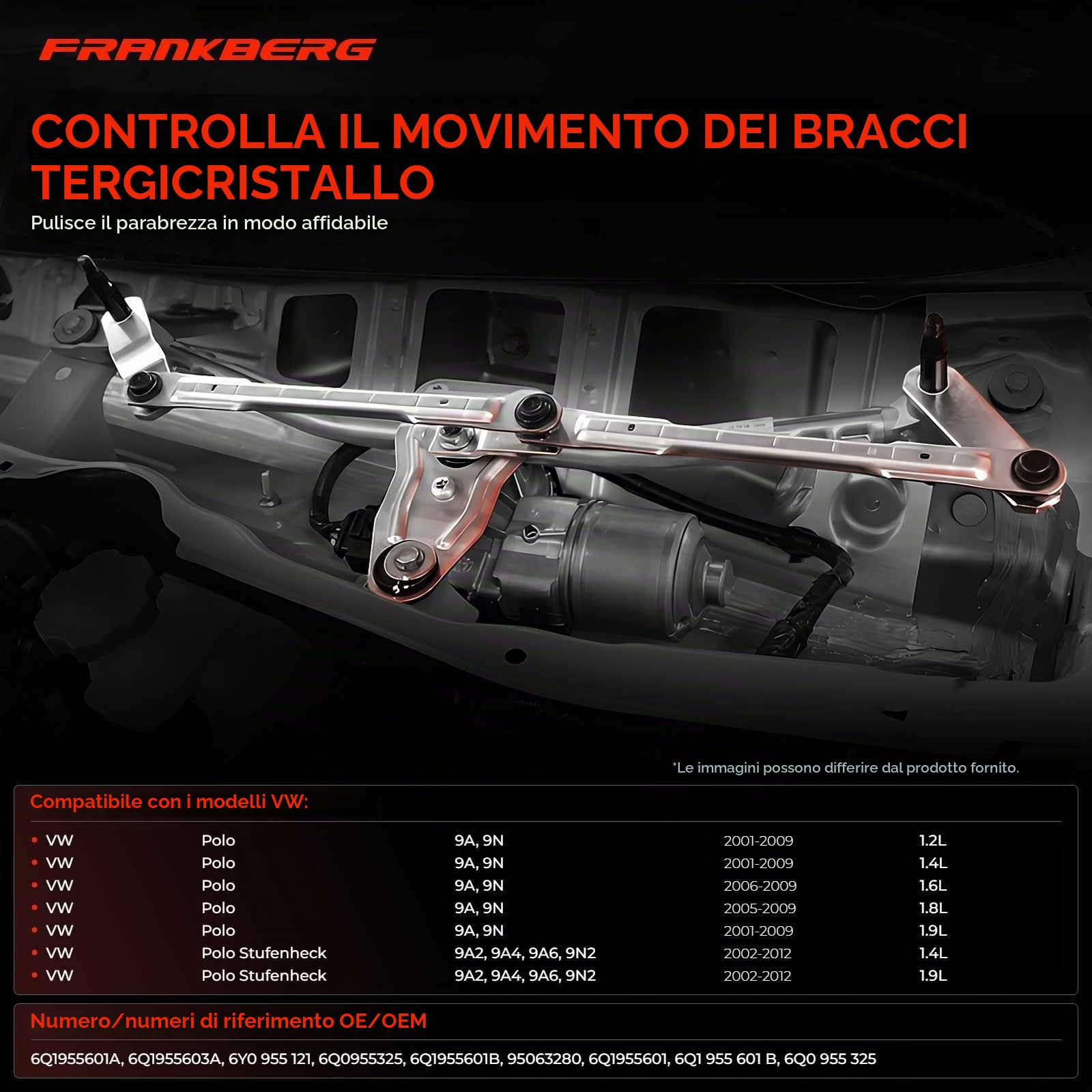 Frankberg Meccanismo tergicristallo senza motore 6Q1955601 | Compatibile con: polo 9N ,Polo Berlina 9A2 9A4 9A6 9N2