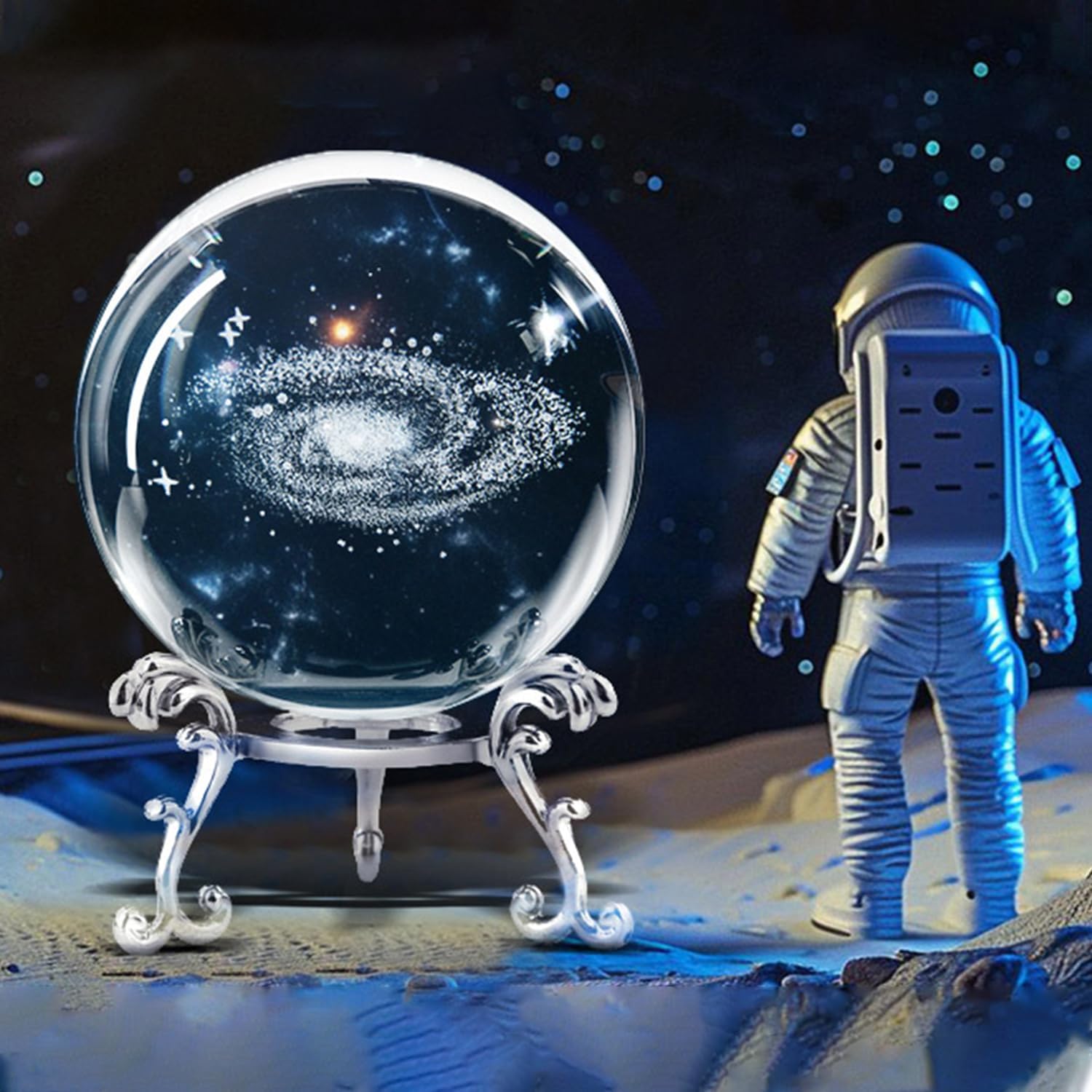 3D Laser Etched Galaxy Crystal Ball with Stand, 60mm Glass Sphere Decorative Balls Paperweight, Space Milky Way Astronomy Gifts