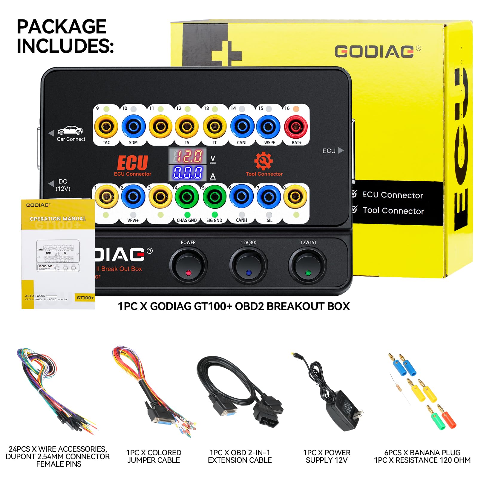 GODIAG GT100+ OBD2 Boîtier de dérivation 16 broches pour automobile ECU Outil de diagnostic pour test de banc et test de signal Canbus/K-LINE