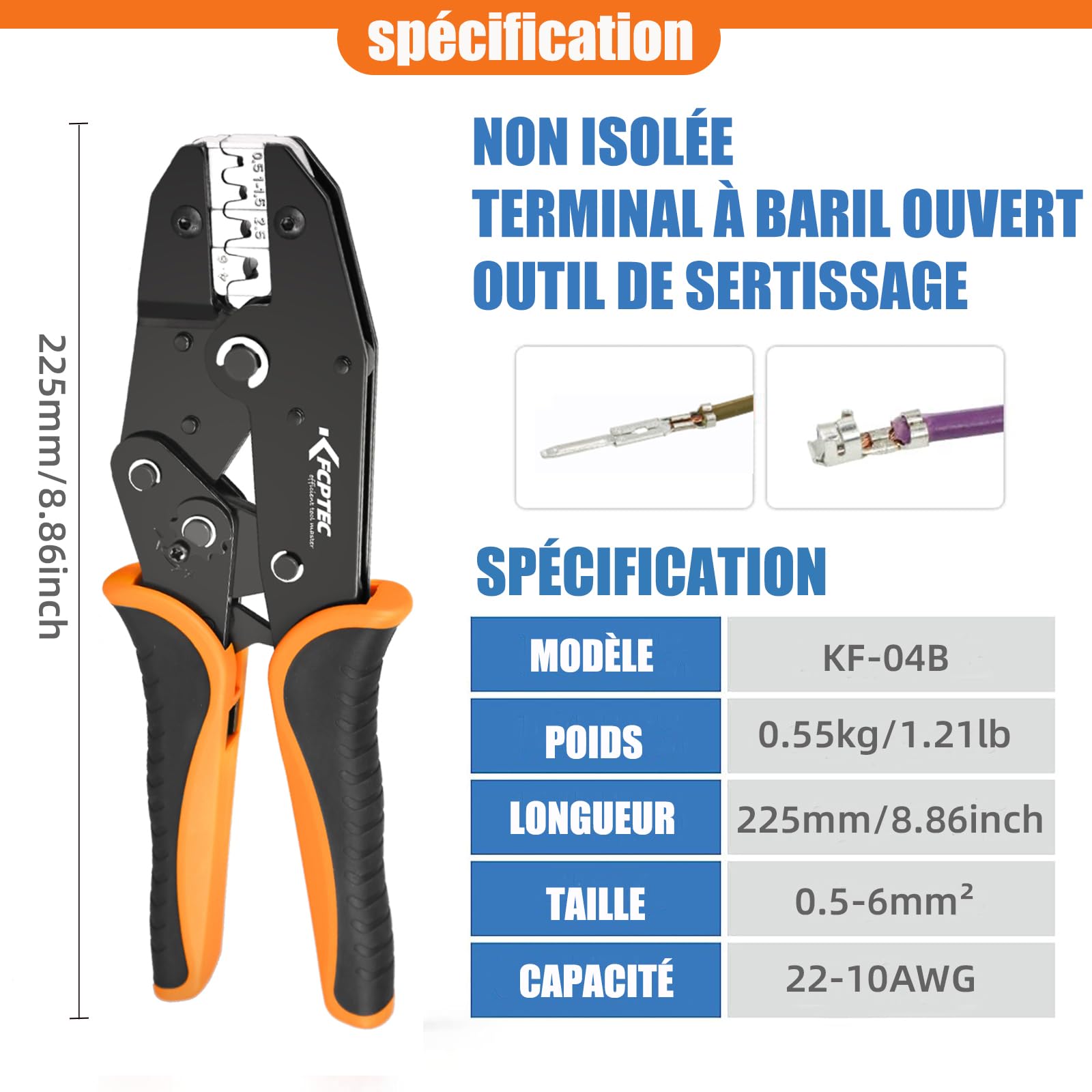 KF CPTEC Pince à sertir pour Cosse Electrique à Barillet Ouvert non isolées 0.5-6mm², compatible avec Molex,connecteurs JST, Deutsch,TE AMP