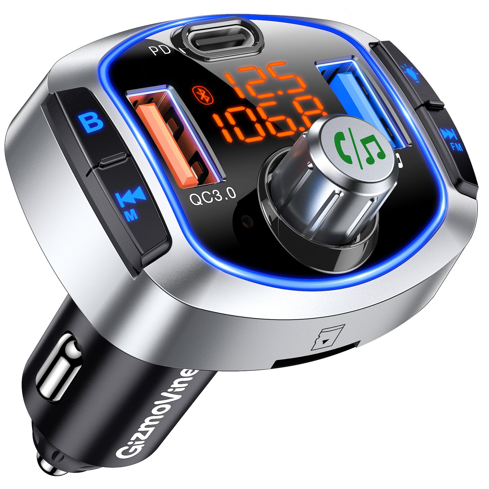 GizmoVine FM Transmitter Auto Bluetooth 5.4 mit 81W（PD 45W & QC3.0 36W） Fast Charge, Bluetooth Adapter Auto Zigarettenanzünder Freisprechen, Siri/Google Assistant, Hi-Fi Bass & LED-Licht