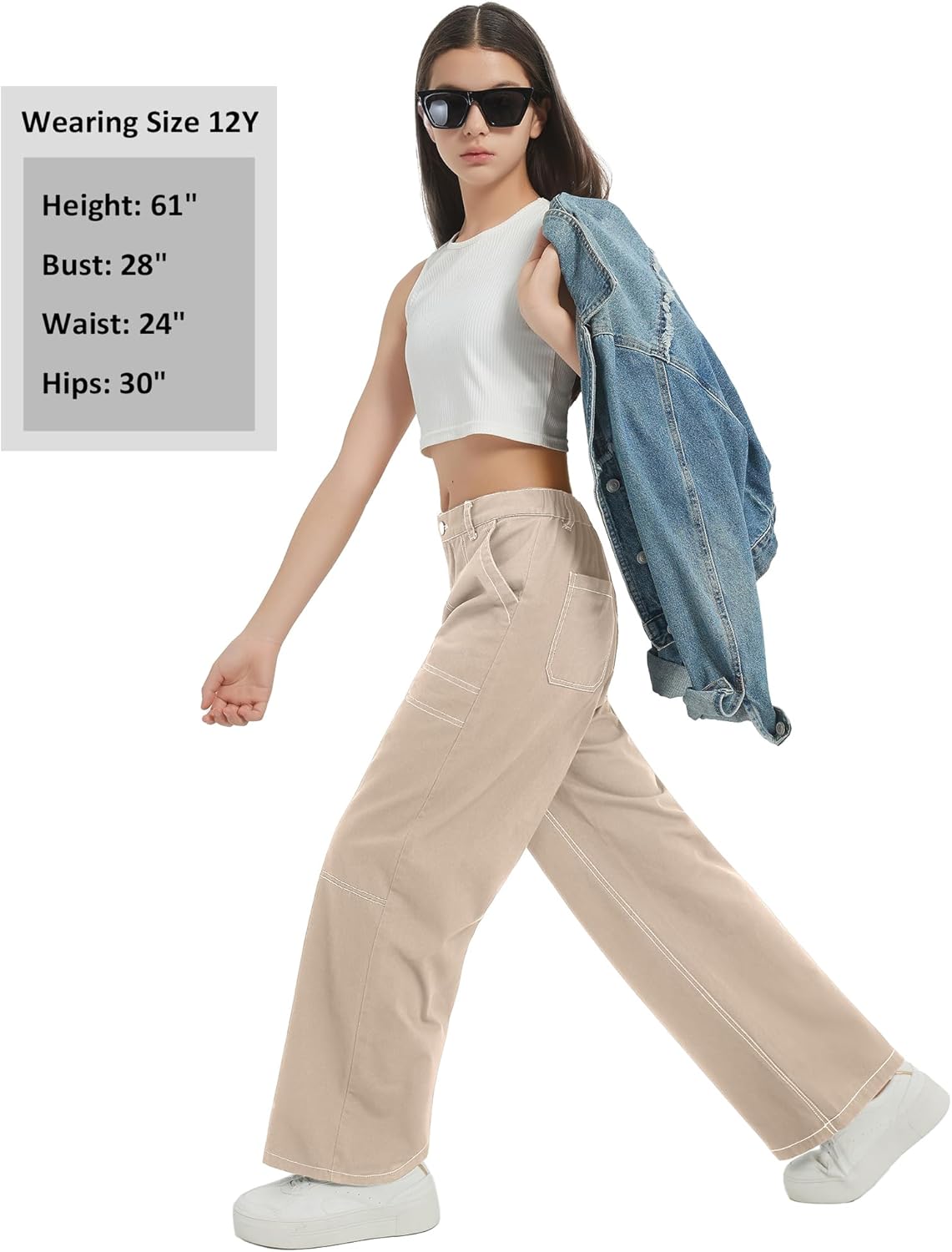 EXARUS Girls Baggy Jeans Cargo Wide Leg Pants Denim Teen with Pockets Back Elastic Waist Mid Rise Casual 8-14Y - Image 5