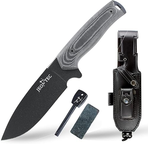 JEO-TEC N21 Bushcraft Survival Hunting Cuchillo táctico de hoja fija - BOHLER N690C acero inoxidable, funda de cuero multiposición, piedra afiladora