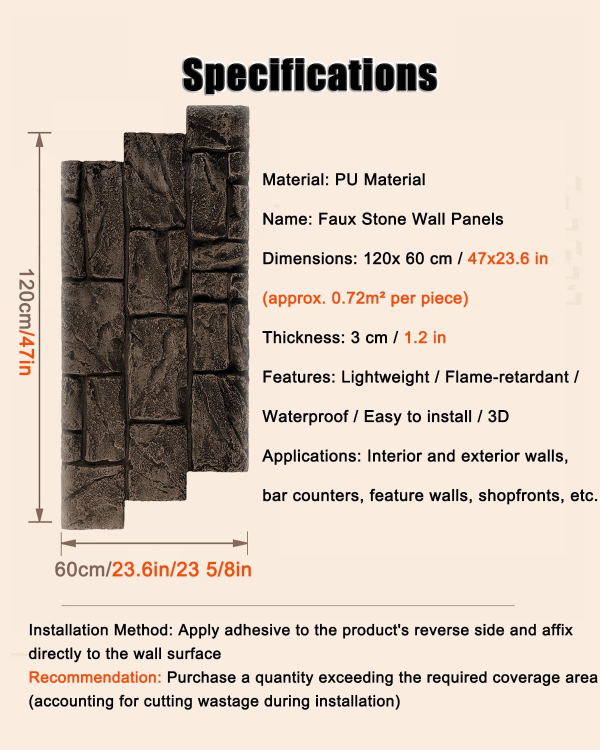 Paneles PVC Pared Panel de pared de PU imitación piedra triturada, papel pintado 3D fácil de instalar de 3 cm de grosor, revestimiento impermeable e ignífugo(L)