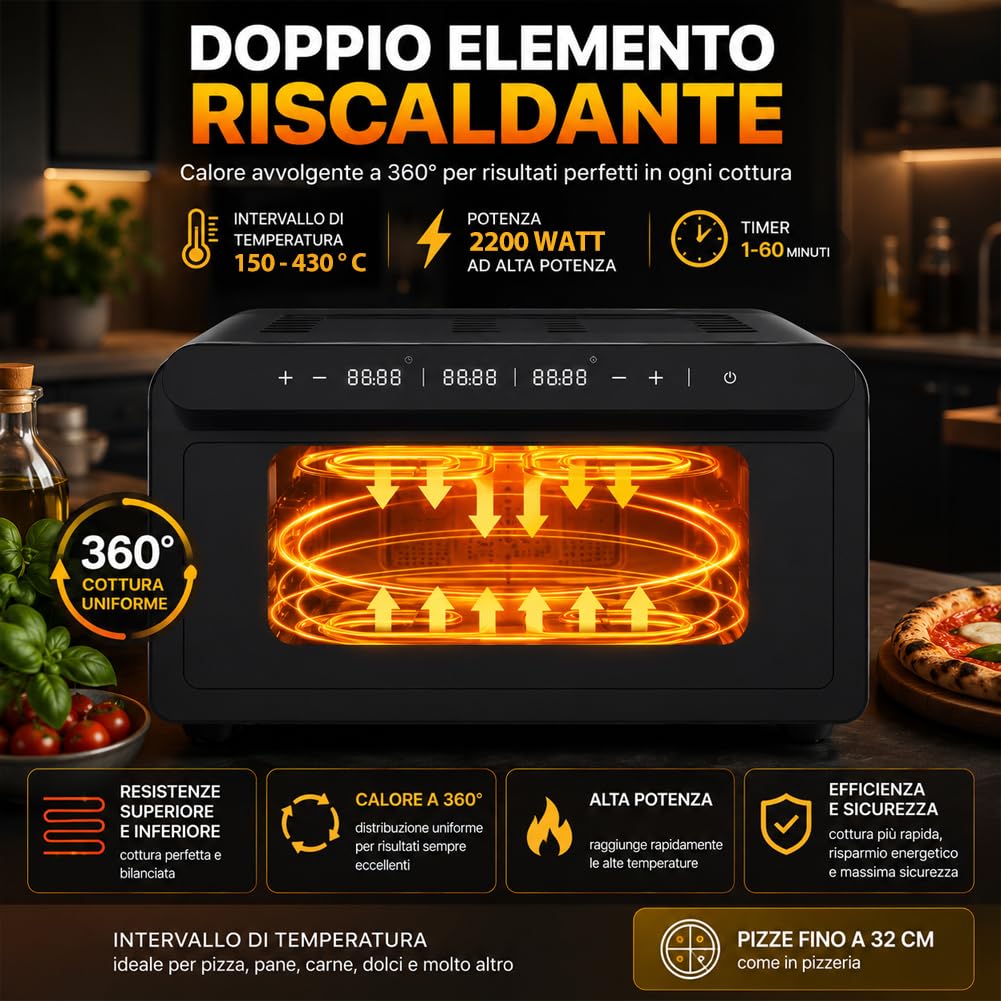 BAKAJI Forno Elettrico per Pizza Potenza 2200Watt, Pietra Refrattaria da 32 cm, Cottura in 3 Minuti, Calore Omogeneo 360°, Pizza Maker con Timer Regolabile, Temperatura 150-430°C, Nero