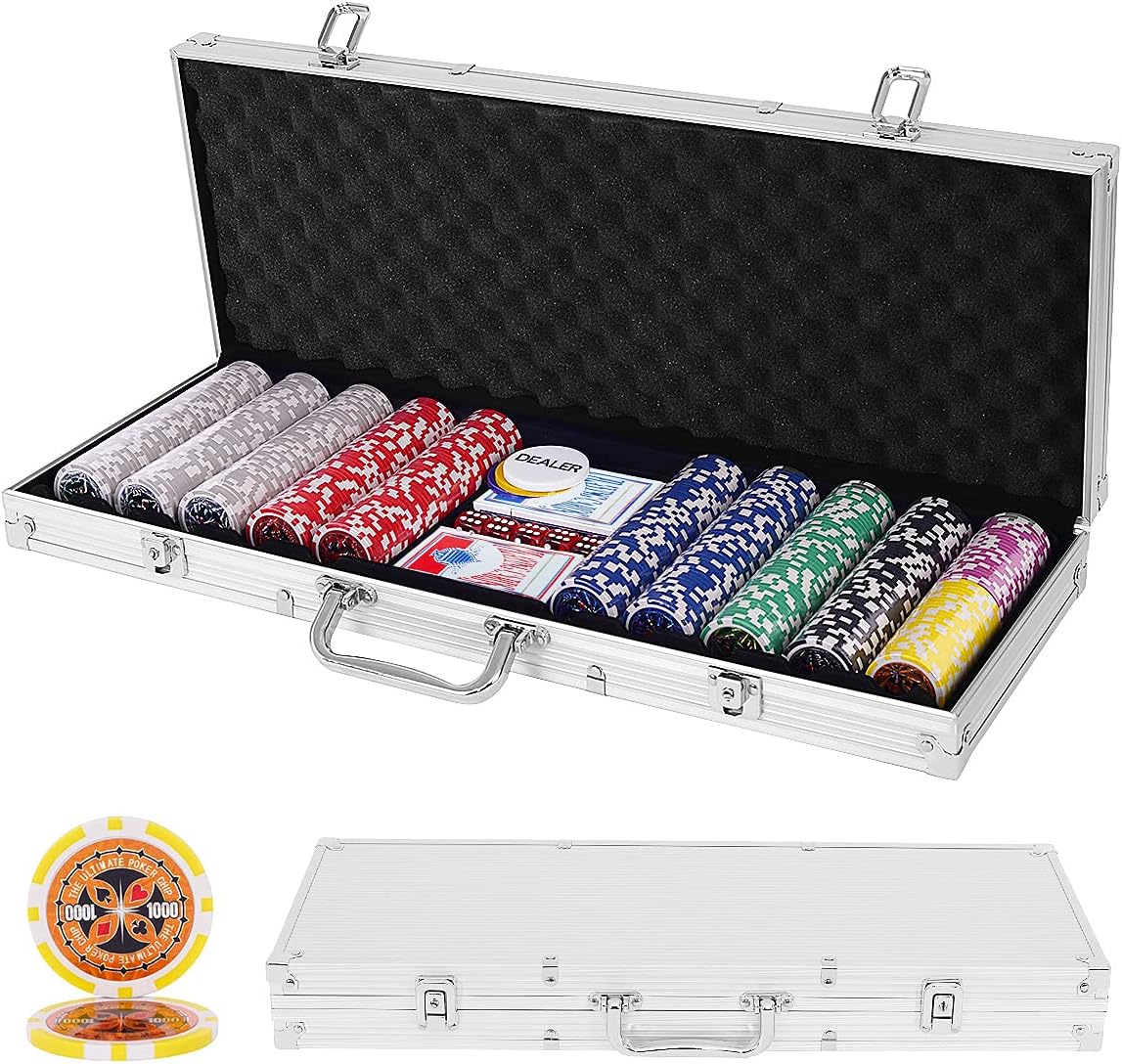 GOPLUS Set da poker con 500 fiches, 2 mazzi di carte, 5 dadi, 3 pedine