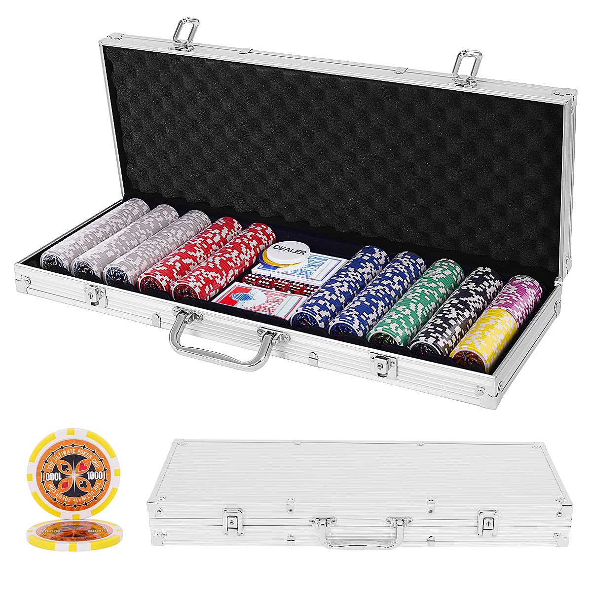 RELAX4LIFE Mallette de Poker avec 500 Jetons, 5 Dés, 3 Boutons, 2 Jeux de Cartes et 1 Tapis, Coffret de Poker en Alu Verrouillable pour Maison et Casino, Noir/Argent (argenté)