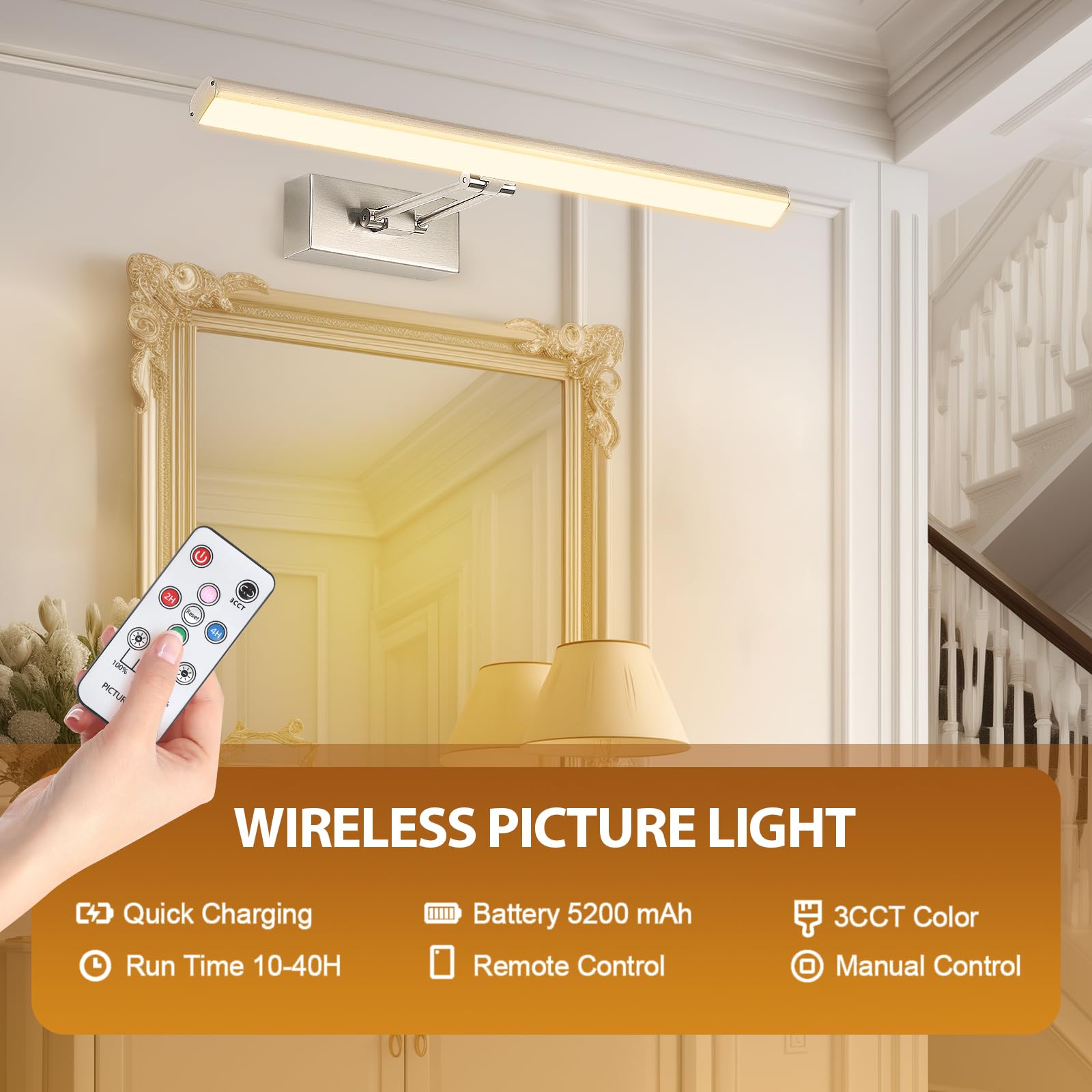 HOWMZON Picture Light, 17.5inches Picture Light Battery Operated,3CCT Picture Frame Light,Wireless Picture Lights for Wall Artwork Display, Photo,Library (Satin Nickel)