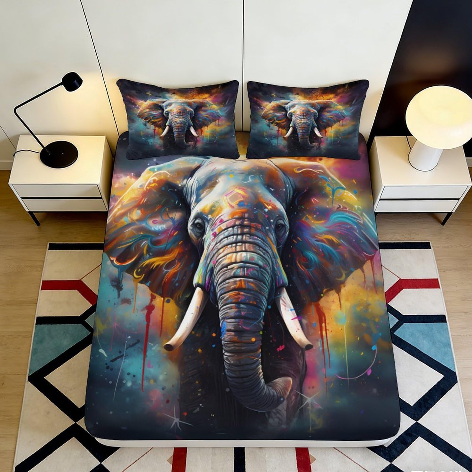 3D Printed Elephant Fitted Sheet Microfiber Deep Pocket Non-Slip Elephant Mattress Fitted Cover for Bedroom Bedding 180x200x25cm