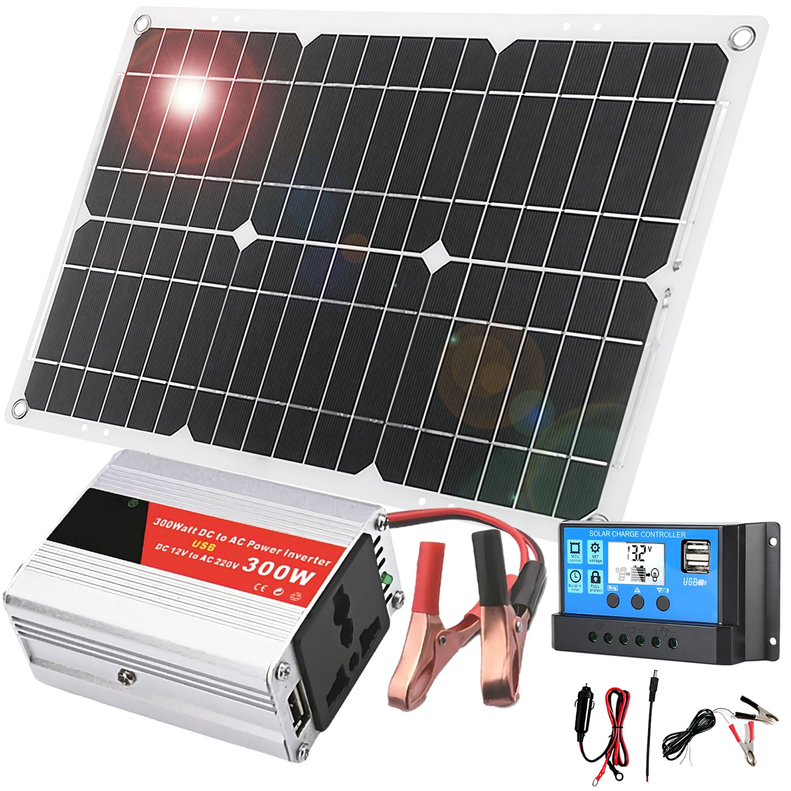 Zestaw paneli słonecznych, kompletny zestaw paneli słonecznych, z falownikiem 300 W do domu, szopy, farmy, kampera, łodzi, regulatora ładowania słonecznego 30 A z 2 portami USB i