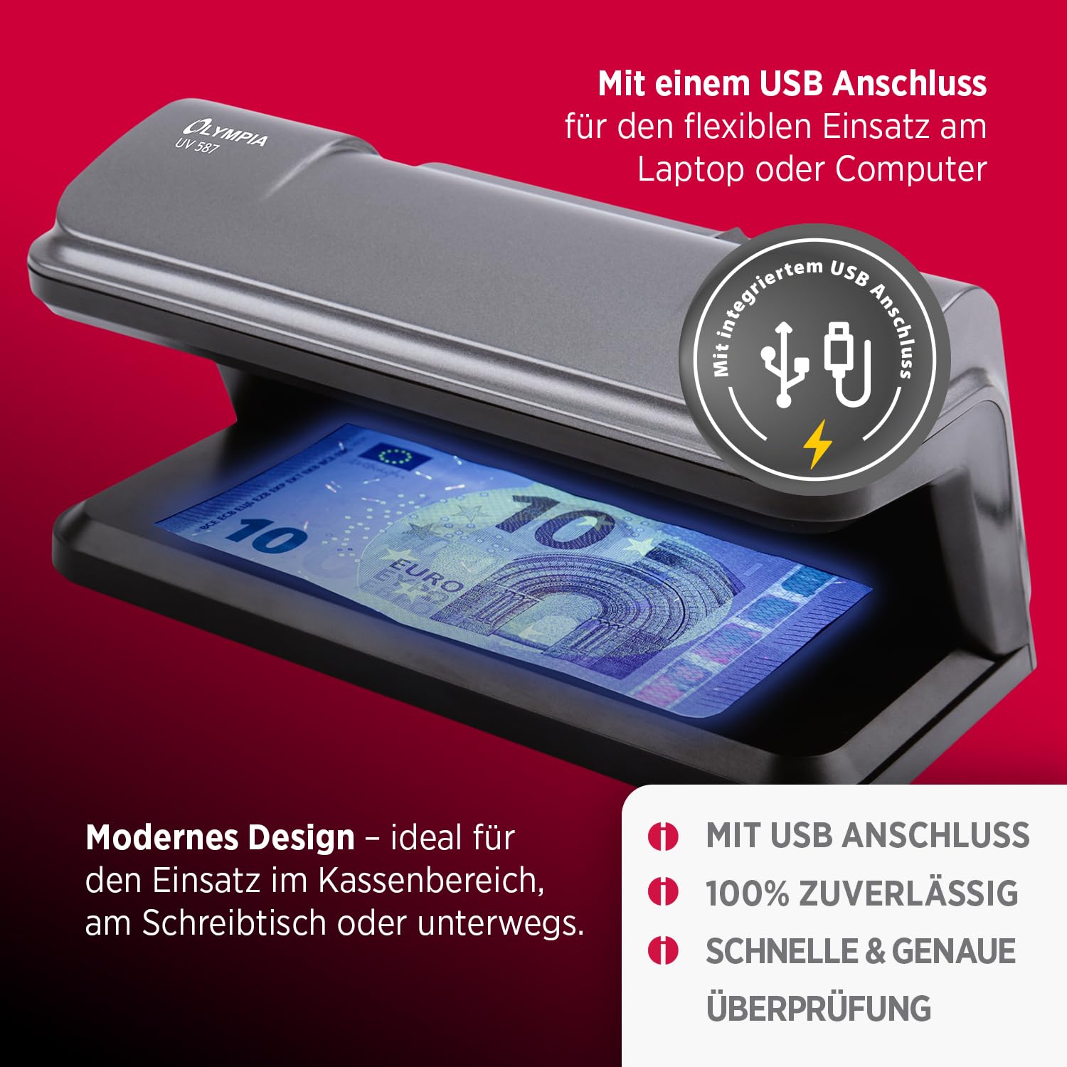 Olympia Detector de billetes UV 587, luz UV 365 nm, 2 LED UV 3 W, comprobador billetes falsos USB