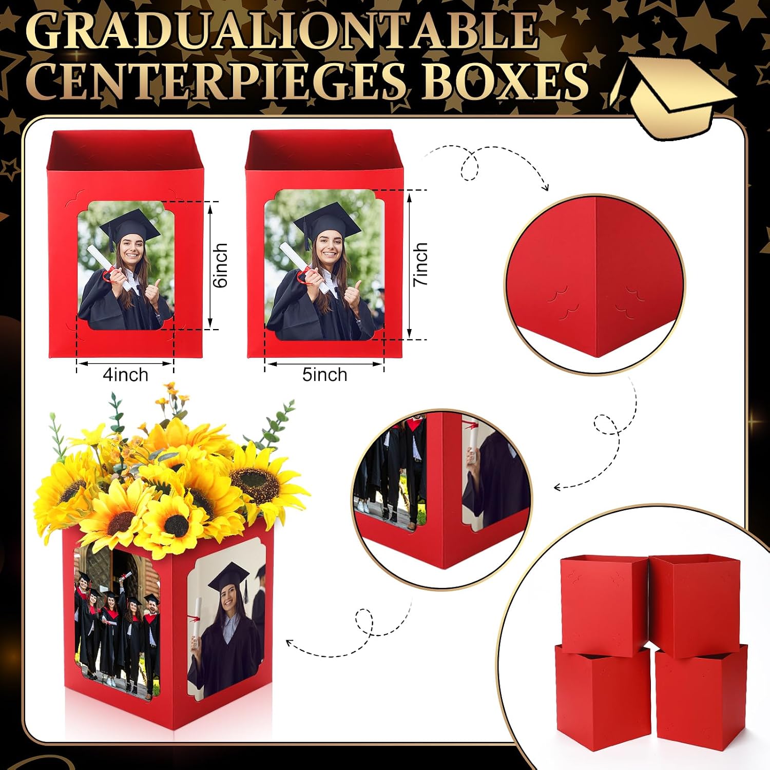 Condition photo showing New/Like New for spiareal 6 pcs graduation box centerpieces for table 6/7 inch photo frame display congrats grad party favor gift picture table box photo props frame for graduation decoration(red)