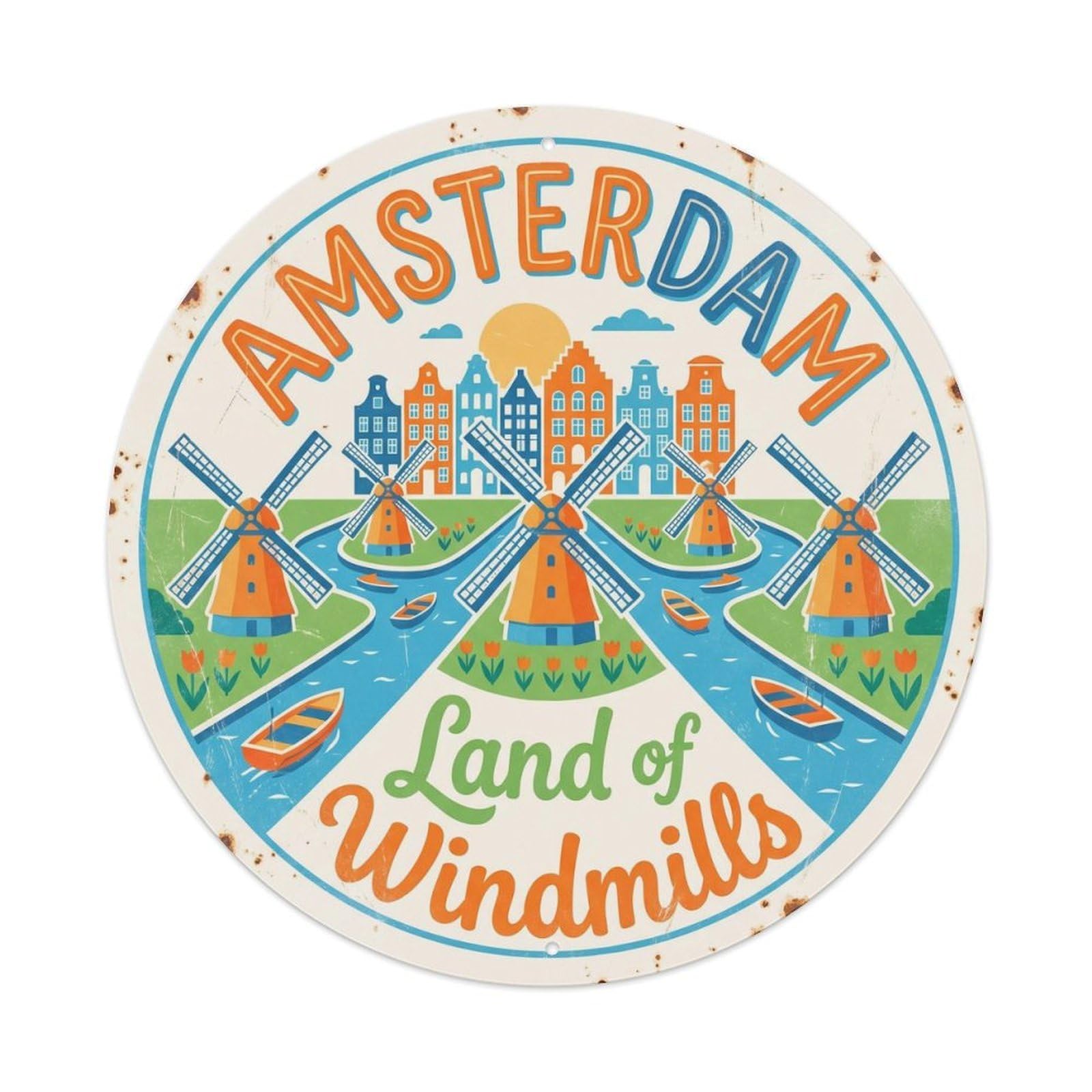 Vintage Travel Amsterdam Windmill Scenic Metal Tin Sign Plaque
