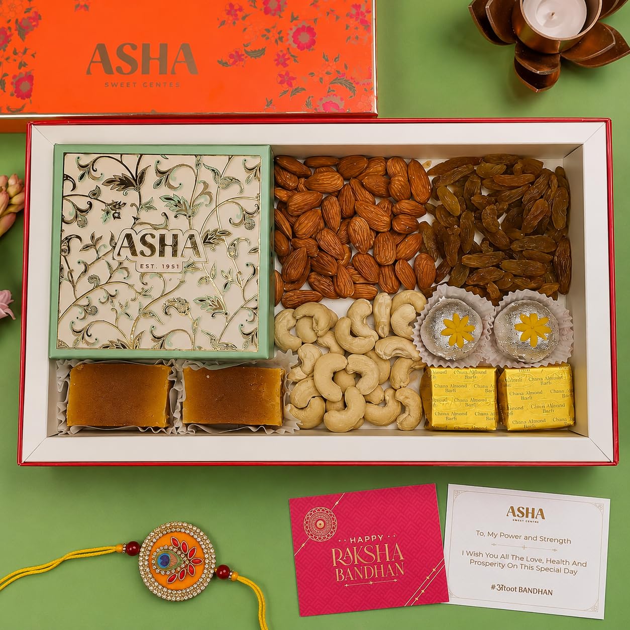 ASHA SWEETS Rakhi Gift Hamper with Rakhi & Wishes Card | Premium Assorted Sweets Box with DryFruit Trial Mix| Perfect Gifting for Brother, Sisters, Friends & Family |Traditional Mithai Gift Pack
