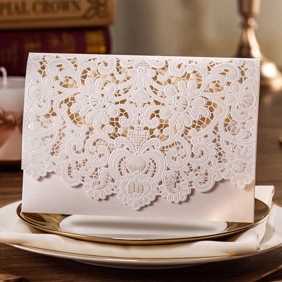 20 Stück Hochzeitseinladungen – Rosa Lasercut Mit Krone, Inkl. Umschläge