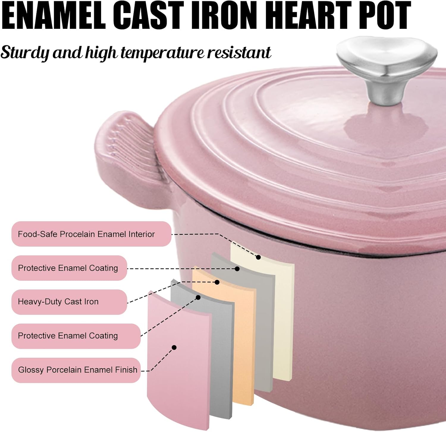 Mabeeze Heart Shaped Dutch Oven Enameled Cast Iron 2 Quart Casserole Pot with Lid Pink Nonstick Oven Safe All Cooktops for Baking Braising Serving Bread Baking