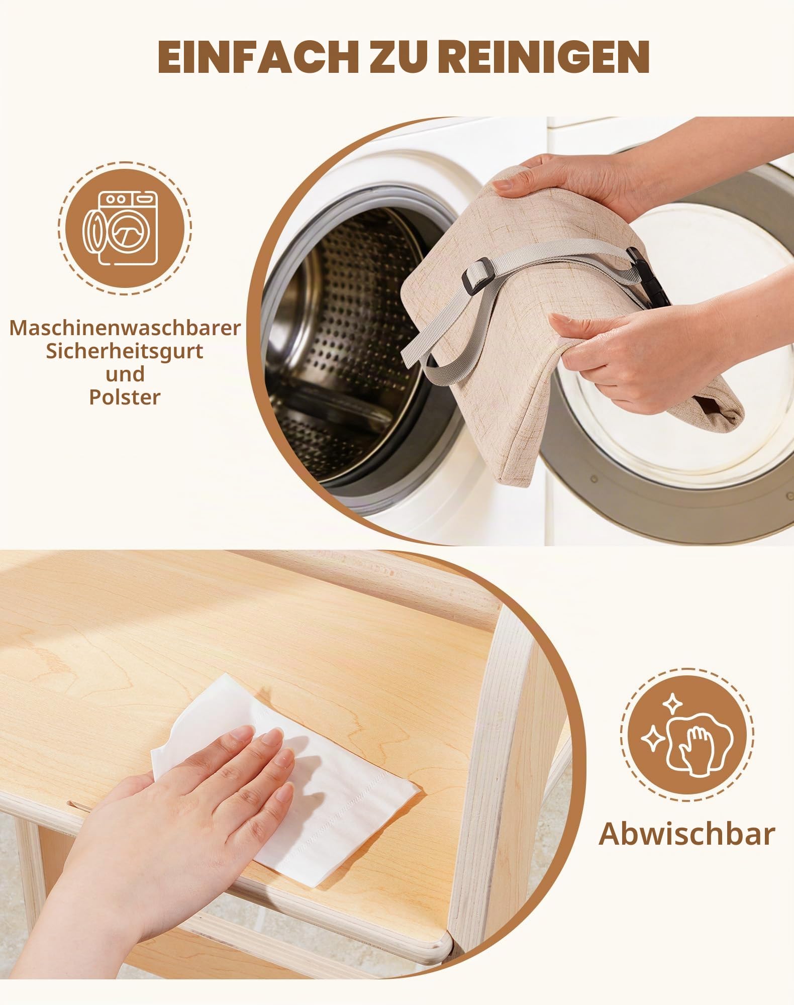 ROBUD Multifunktionaler Holzhochstuhl für Kinder, mit Sicherheitsgurt 6M+