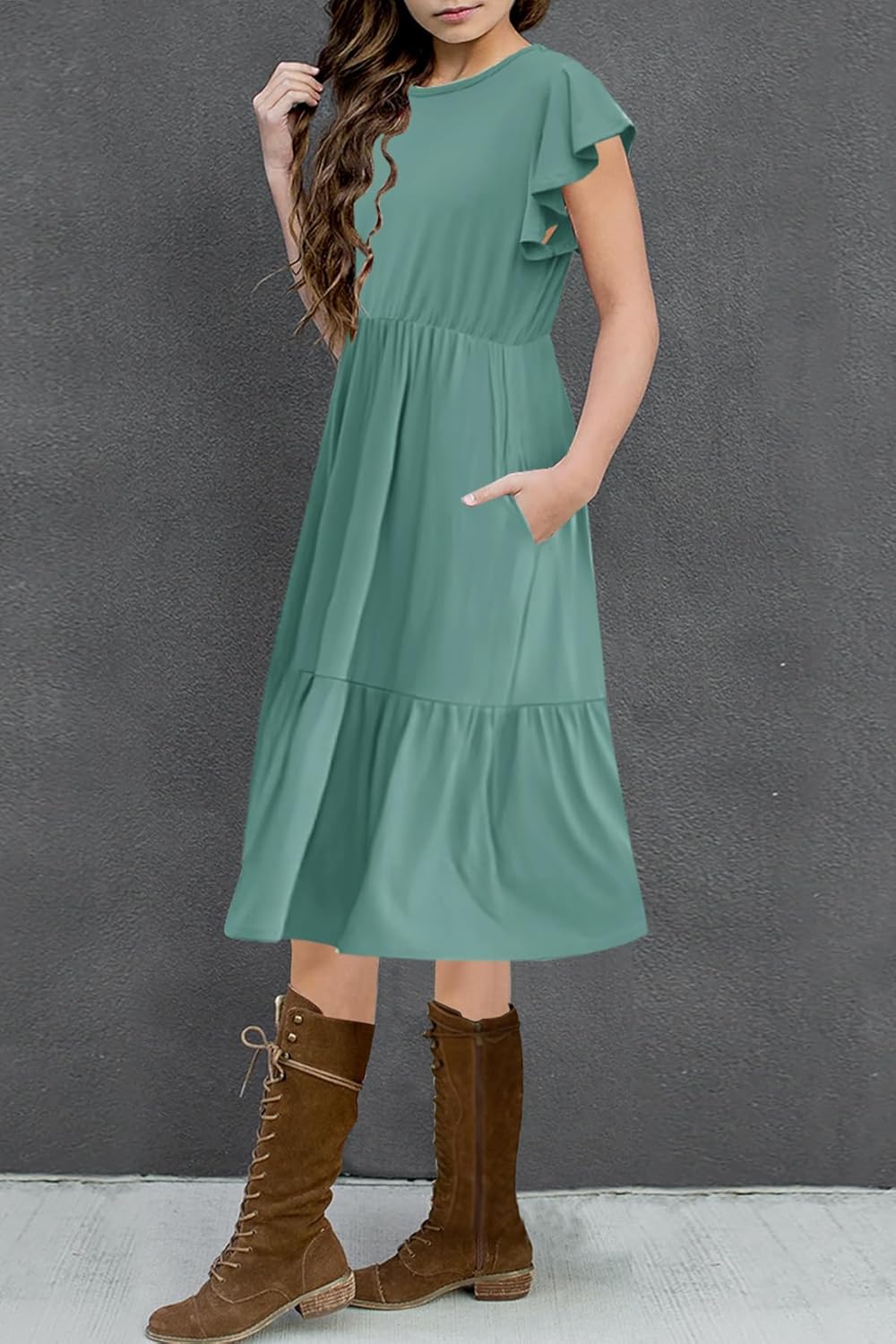 HOSIKA Girls Summer Ruffle Short Sleeve Crew Neck Loose Casual Flowy Tiered Short Dress with Pockets for 6-12 Y - Image 3