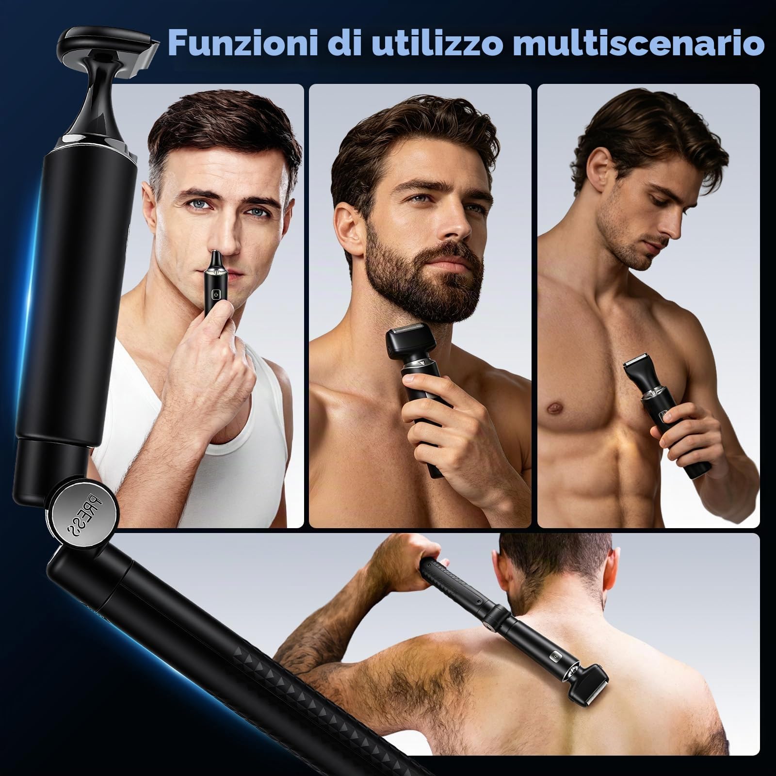 Rasoio Elettrico da Uomo Ricaricabile, 5 in 1 Pilatore Corpo con Maniglia Estesa Pieghevole, Rifinitore per del Corpo da Uomo per Viso Mento Braccio Schiena peli pubici