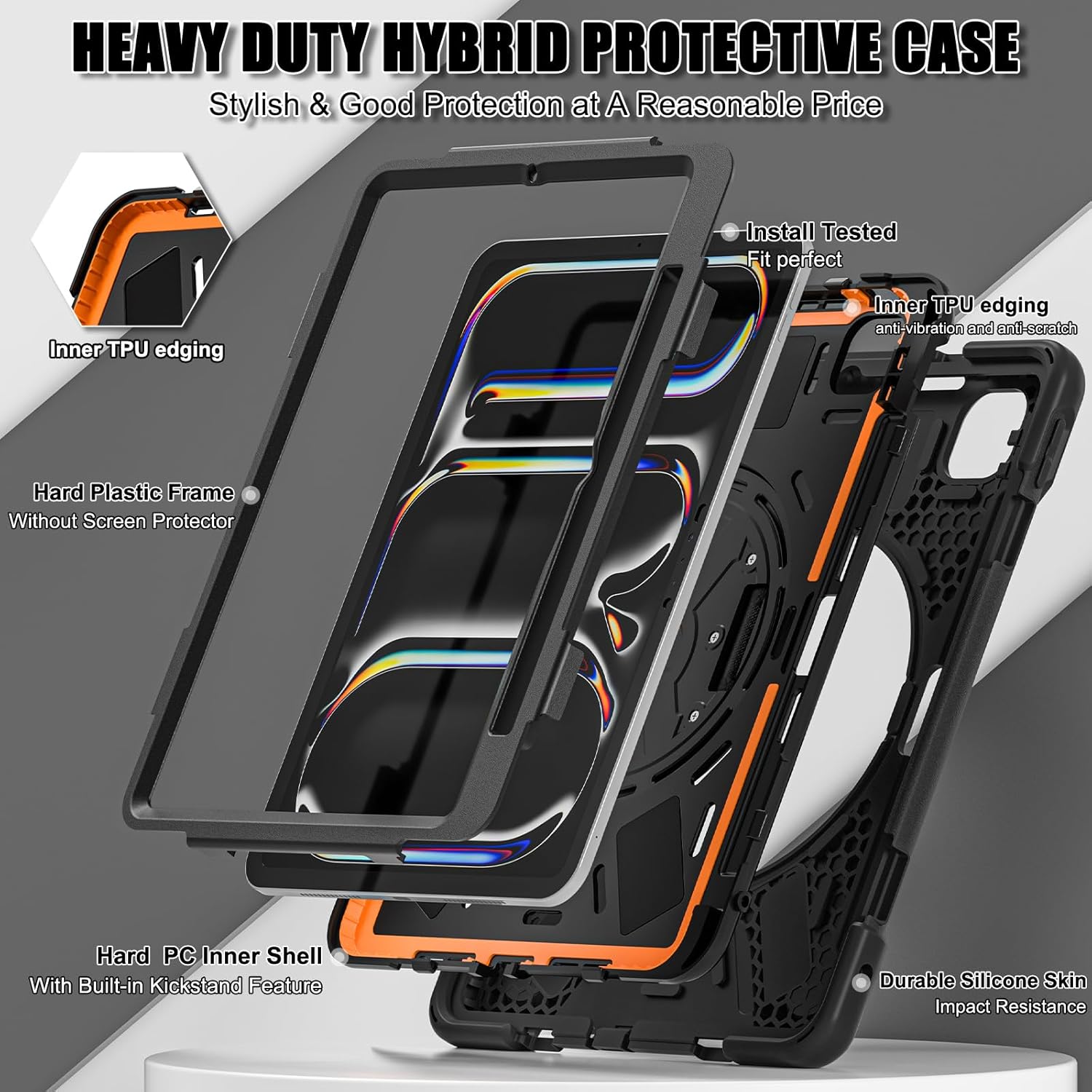 ZenRich Heavy Duty Case for iPad Pro 11 Inch Case M5 2025 / M4 2024, iPad Pro11 Shockproof Case with Screen Protector/Pencil Holder/360°Rotating Kickstand/Handle/Carrying Strap, Black