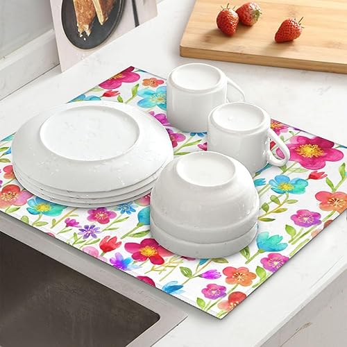 Tapete de secado de platos floral, tapetes reversibles de microfibra absorbente para encimera de cocina, 16 x 18 pulgadas