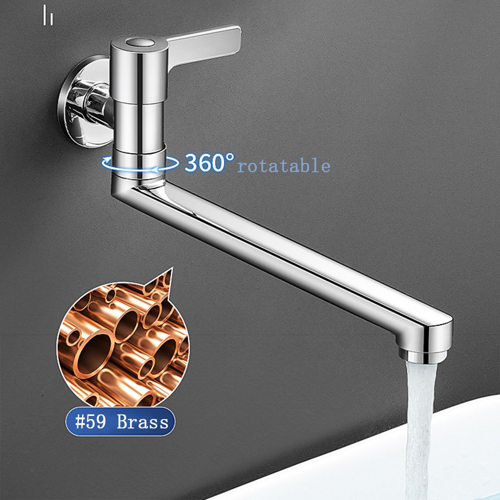 Grifo para fregadero de cocina de agua fría montado en la pared, grifo de latón de una sola palanca, diseño giratorio Ch h 20 cm, ideal para uso en baño y cocina