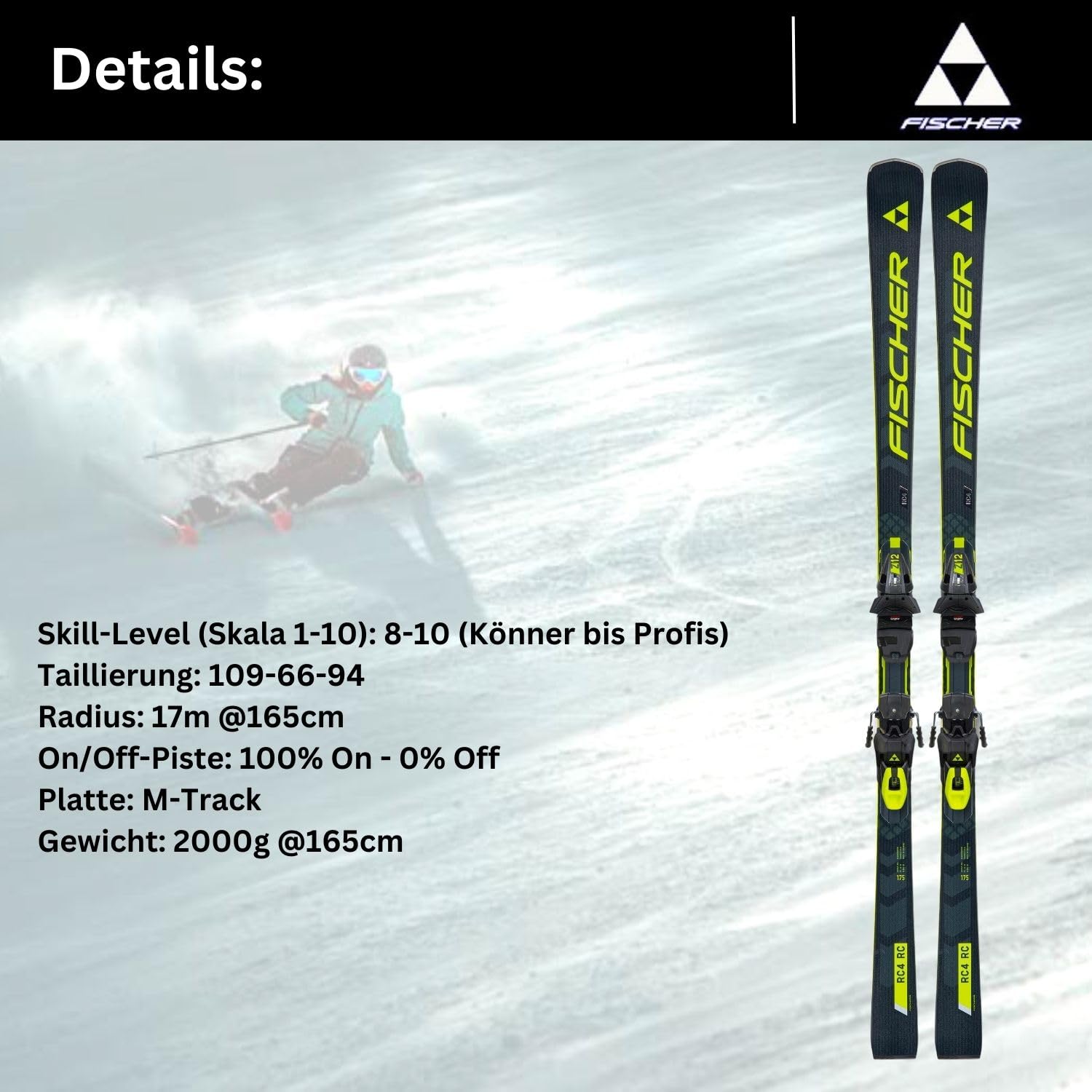 Ski Alpinski Pistenski Carvingski - Fischer RC4 Worldcup RC MT - inkl. Bindung RC4 Z12 Z3,5-12 - Modell 2024 - geeignet für Könner und Profis