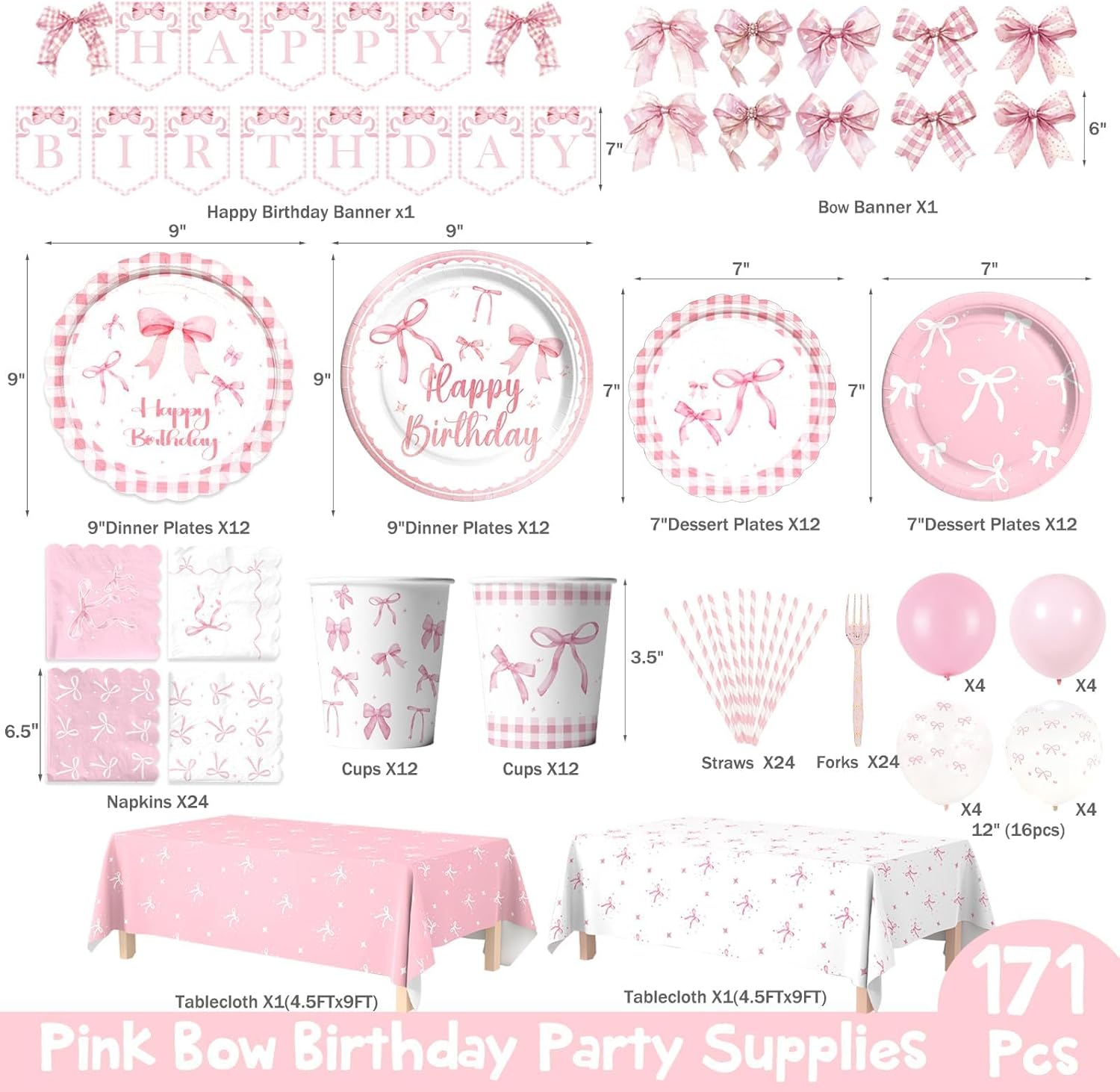 Pink Bow Birthday Party Supplies - 171 PCs Coquette Party Decorations Include Bow Plates Napkins Cups Tablecloth Ribbon Magic Balloon Pink Balloons, Tableware for Girls Bachelorette Decor - Image 2