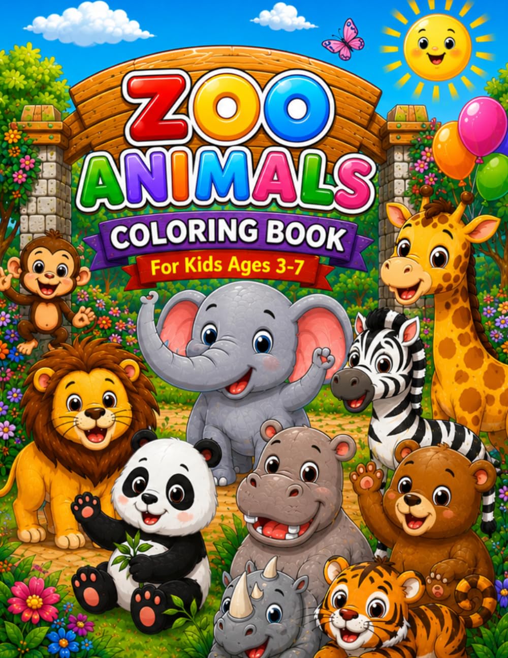 ZOO ANIMALS COLORING BOOK: 50 Cute and Easy Zoo Animal Coloring Pages for Kids Ages 3-7
