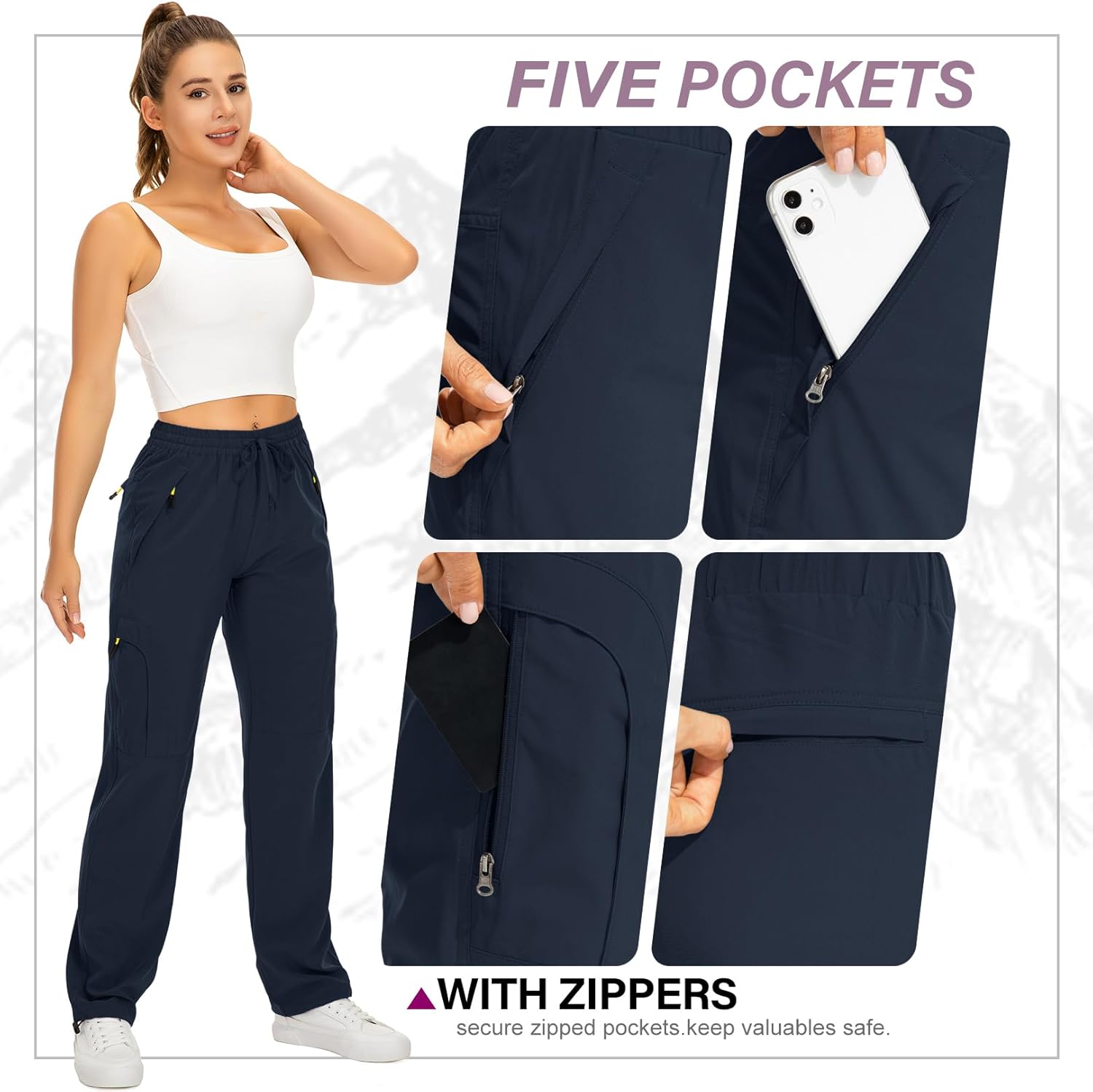 Womens Hiking Pants Quick Dry UPF 50 Lightweight Travel Golf Cargo Safari Pants Zipper Pockets - Image 6