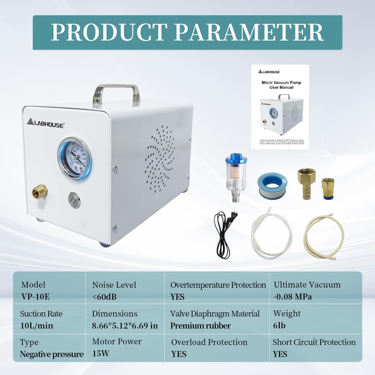 Bomba de vacío de laboratorio de diafragma VP-10E, sin aceite, presión negativa de 10 l/min para filtración de vacío, incluye separador de agua y tubo de goma