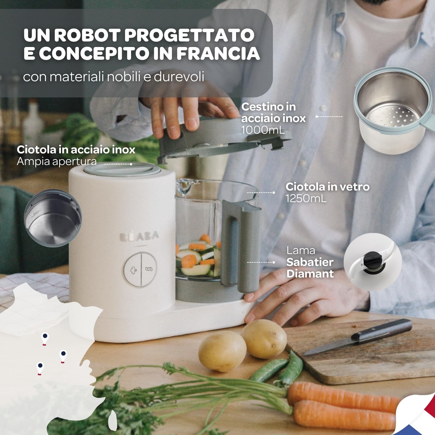 BÉABA Babycook Néo Cuocipappa Omogeneizzatore 6 in 1 Cottura a Vapore Delicata Bicchiere Vetro Acciaio Inox Bianco