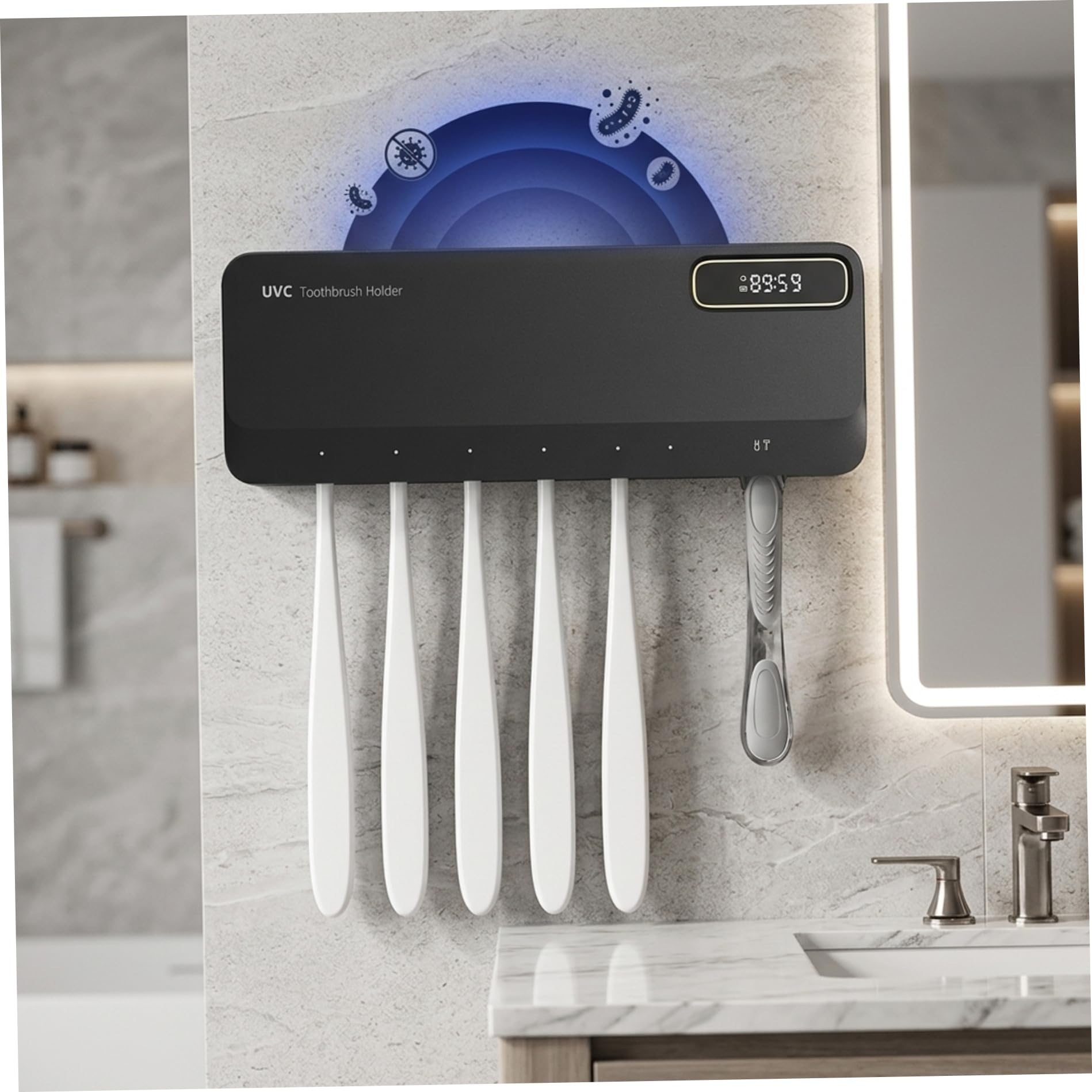 Portaspazzolino UV, supporto da parete per spazzolino da denti con asciugatura ad aria calda, per bagno, nero.