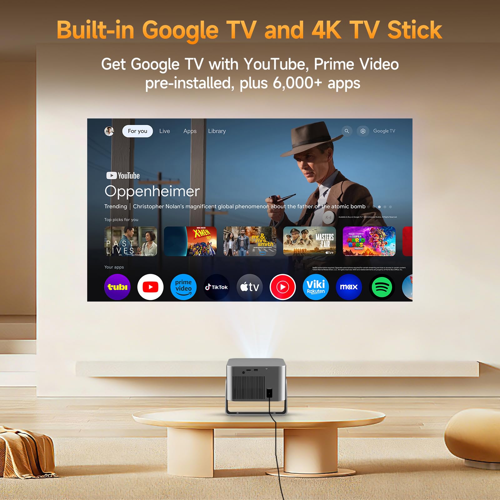 Alwtniet Vidéoprojecteur 4K avec Google TV – Full HD 1080P Natif, Autofocus Automatique du Trapèze, Projecteur Video Mini Retroprojecteur Home Cinéma, Bluetooth, WiFi, Portable Ultra Courte Focale