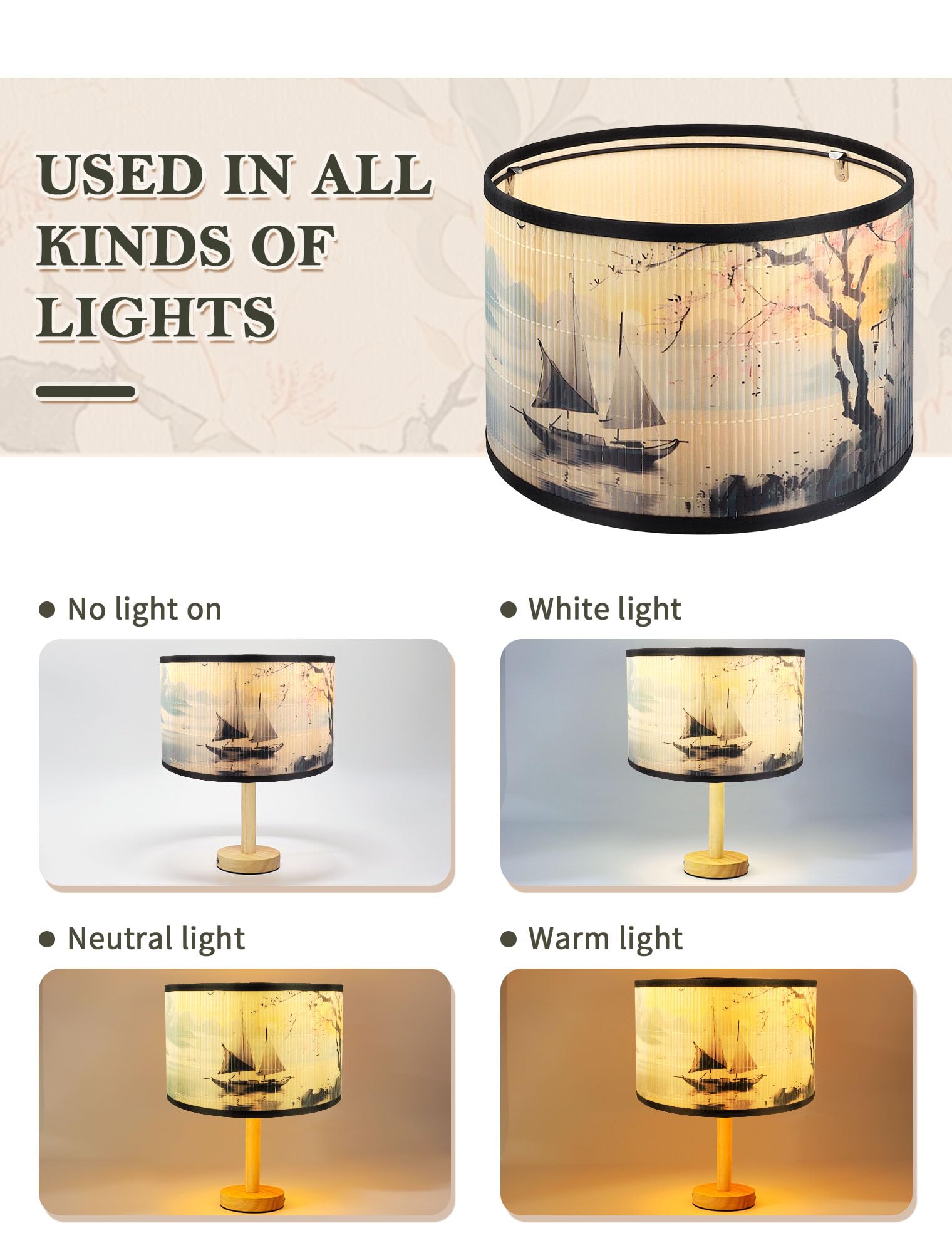 Bambus-Lampenschirm Trommelform mit Blumendruck - Leichter Klickverschluss für Tischlampe, Schlafzimmer & Wohnzimmer - Mittelgroß (Durchmesser 30cm) (Typ C)