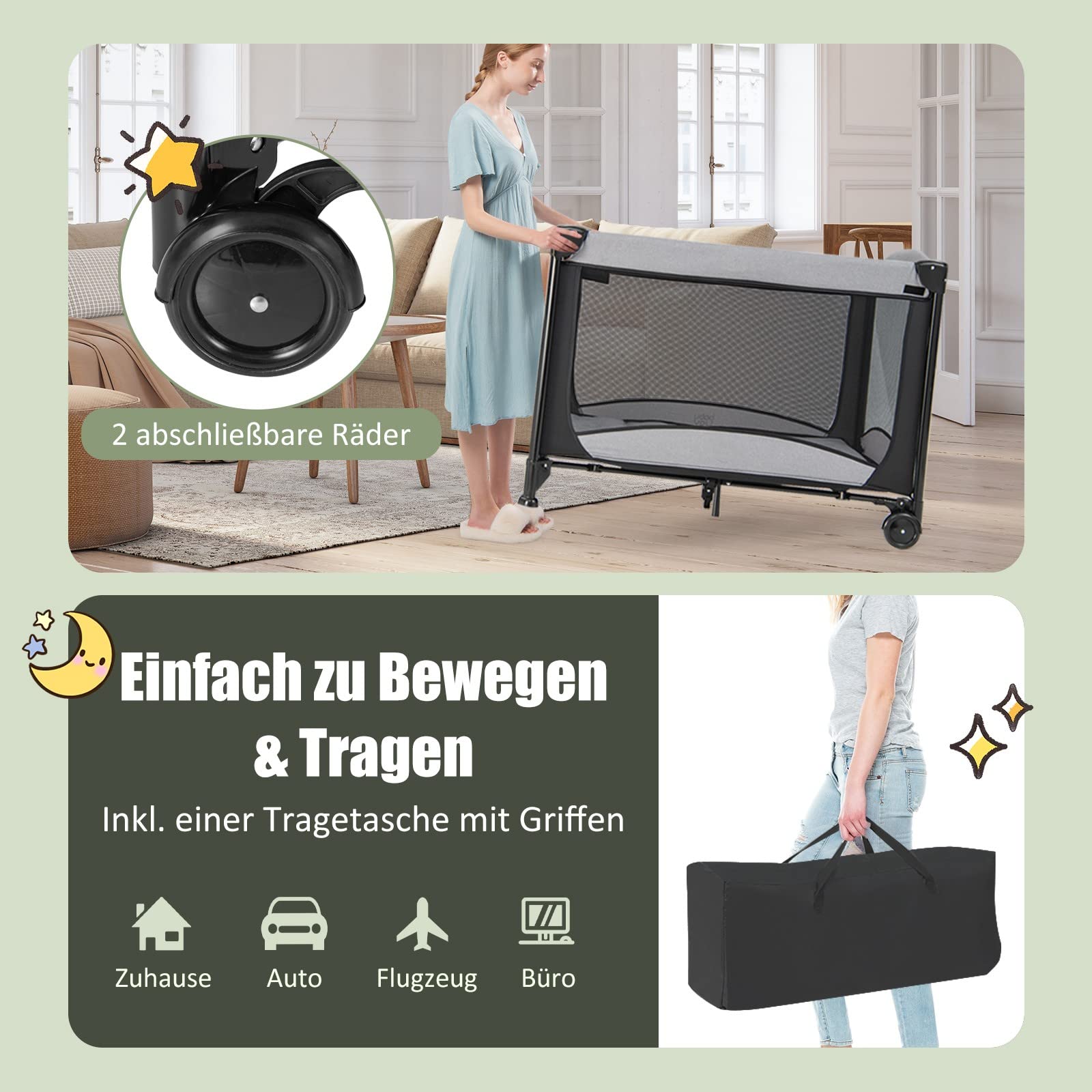 DREAMADE Reisebett Baby mit Matratze, Beistellbett mit Wiege & Wickelauflage, Babybett Set für Neugeborene & Baby bis 36 Monate,110 x 78 cm