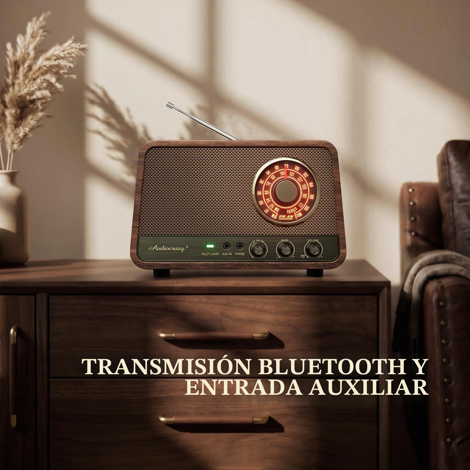 Radio Bluetooth FM de madera clásico con 10 vatios de sonido potente, radio retro con altavoz Bluetooth con esfera brillante ámbar, control de graves, entrada auxiliar, conector para