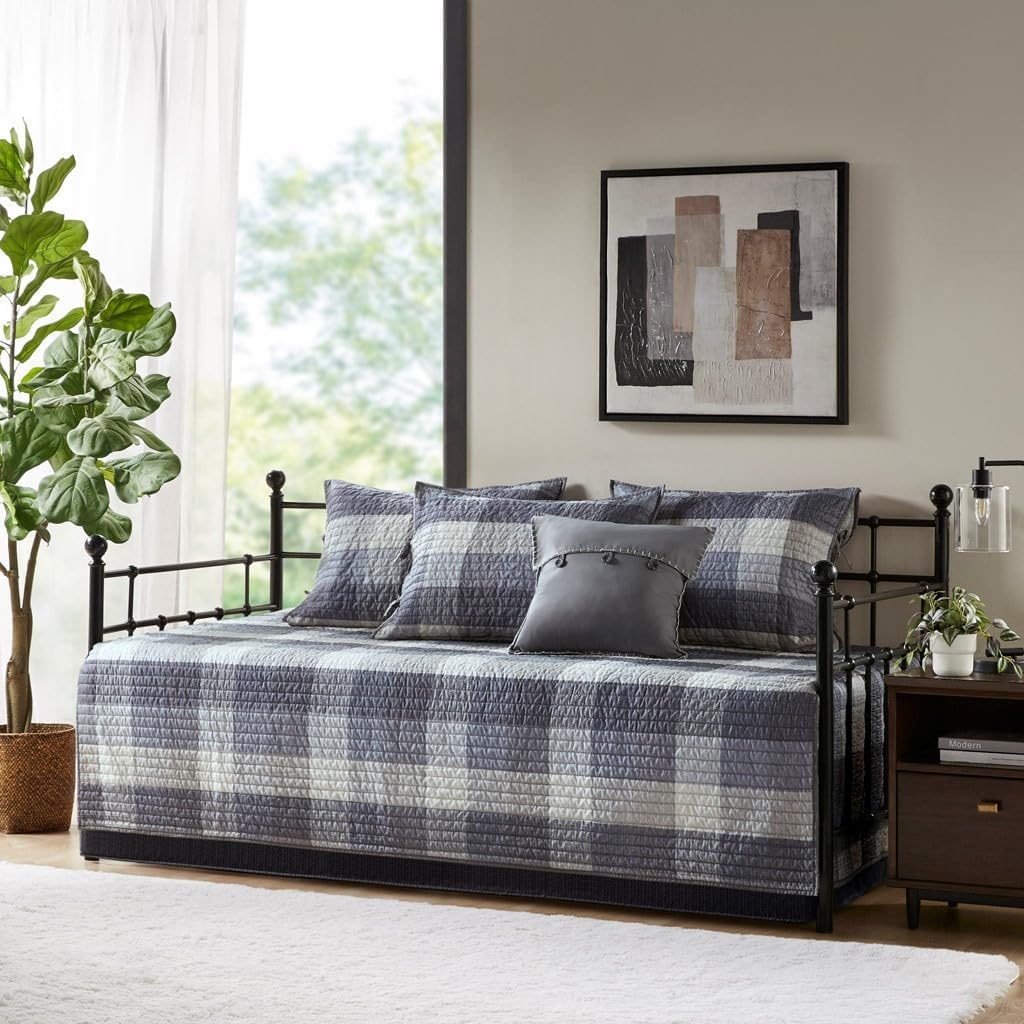 6 Pcs Reversible Plaid Daybed Cover Set Grey Daybed