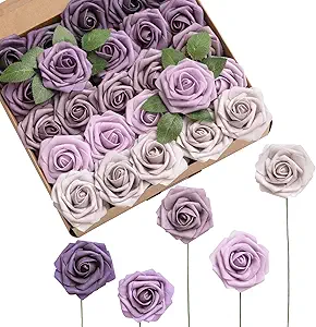 Ling's Moment Artificial Flowers, 25Pcs 3" Roses in Purple Shades, Realistic DIY Foam Floral Decor for Wedding Bouquets/Centerpieces, Outdoor Party Backdrops, Room/Table, and Garden/Pot Decorations