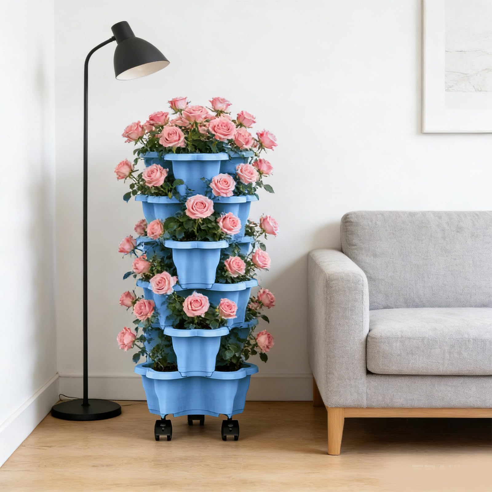 6er Set Stapelbarer Pflanzturm mit Rollen Vertikaler Garten für Erdbeeren Kräuter Gemüse Mehrstöckiger Blumentopf Balkon Terrasse Platzsparendes Hochbeet-System Vertikaler Pflanzer Stapelbare Gefäße