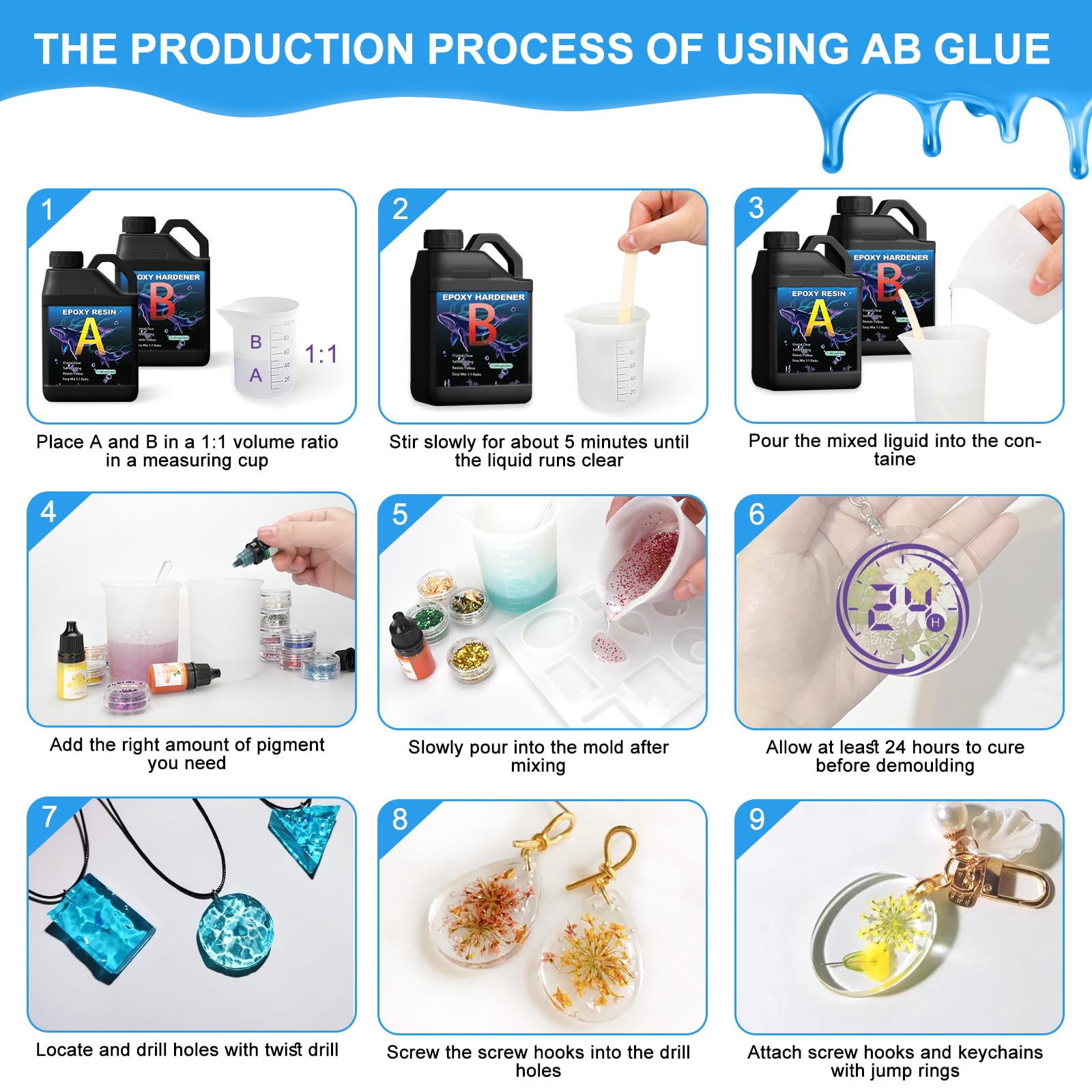 Kit Resina Epossidica 1020 Ml Trasparente - Per Creare Gioielli, Decorazioni E Lavoretti Fai Da Te - Foto 6