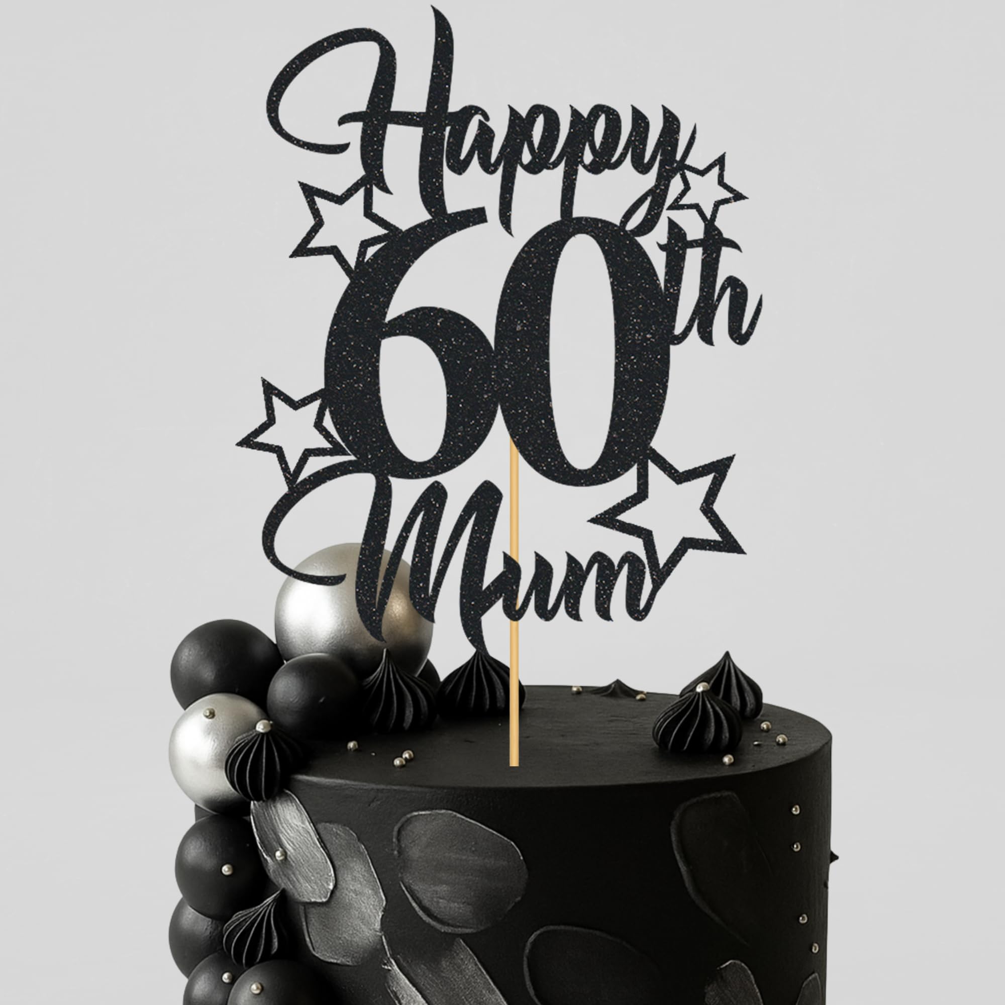 Glitter Birthday Cake Topper for Mum with stars, Birthday Cake Topper, Party Decorations, Party Supplies, 40, 50, 60, 70,80, 90 Many colours (60th, Black (20cm))