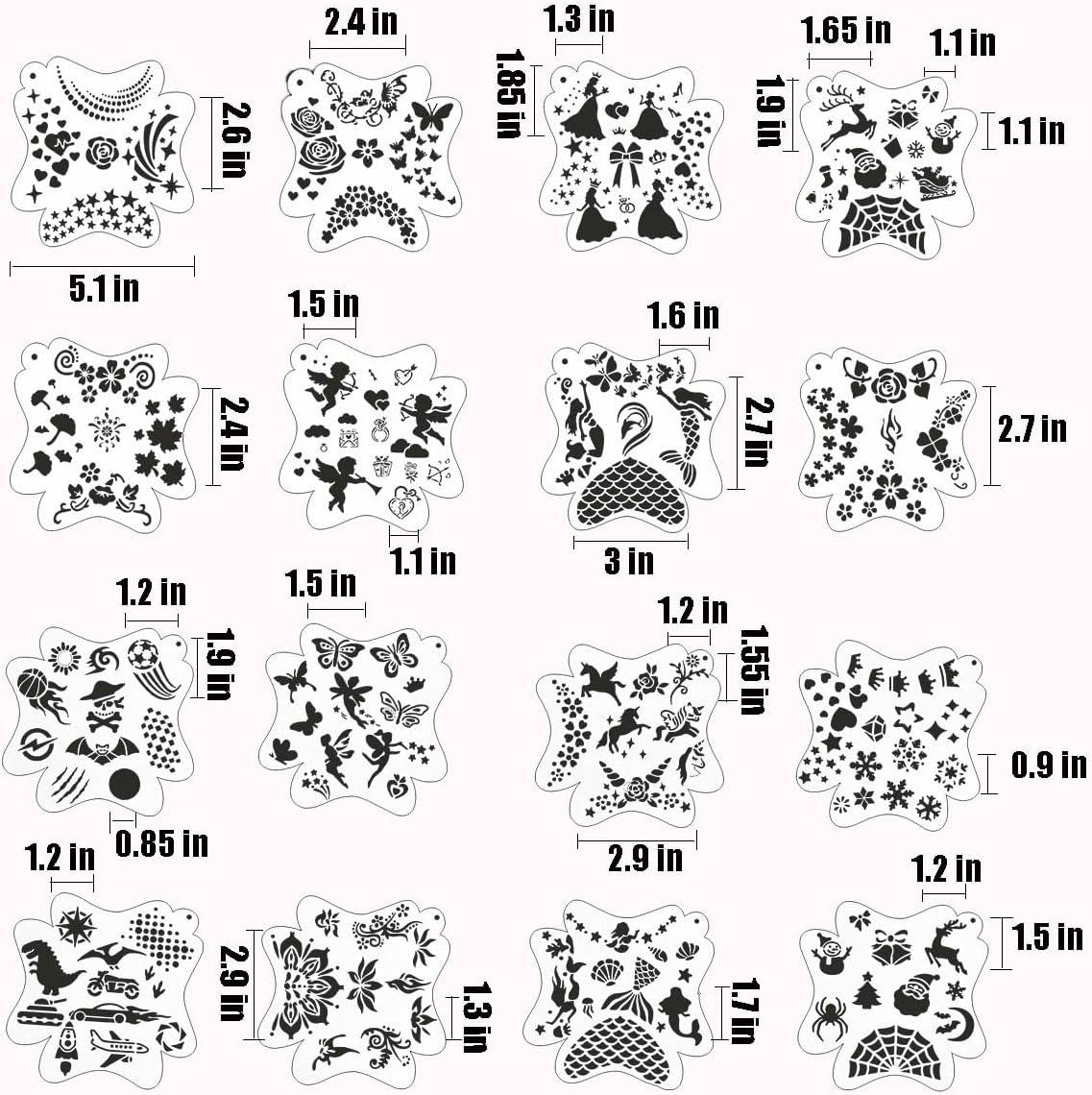 Face Paint Stencils, 16 Reusable Facial Painting Stencils,Body Patterns Stencil Templates Spiders Bat Heart Snowflake Makeup Temporary Tattoos Stencil for Halloween Christmas Party Art Painting