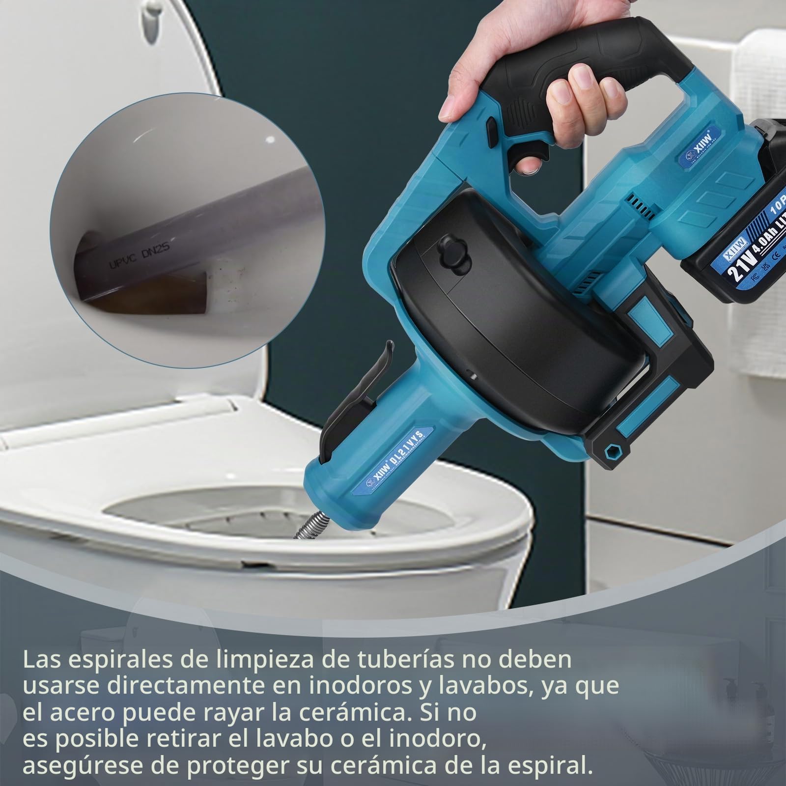 XIIW Desatascador tuberías con espiral de limpieza de 7,6 m, motor de cobre 610 rpm, dirección y velocidad por botones - Limpiador de desagües para inodoros, baños y cocinas (batería no incluida)
