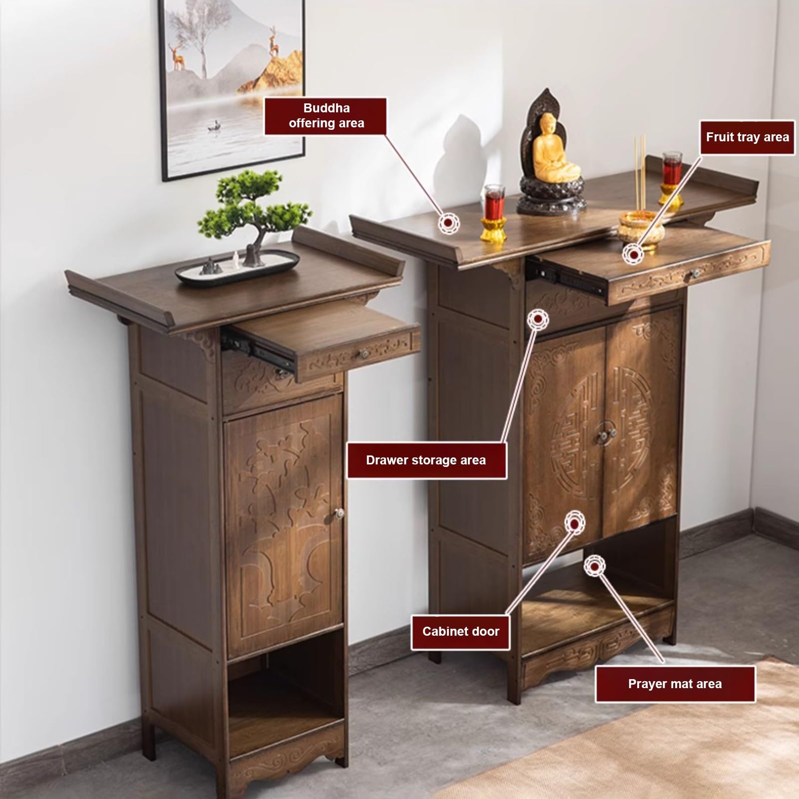 Tavolo da altare per meditazione con contenitore, design bordo e cassetto, ideale per pratiche spirituali e decorazioni, costruzione in legno