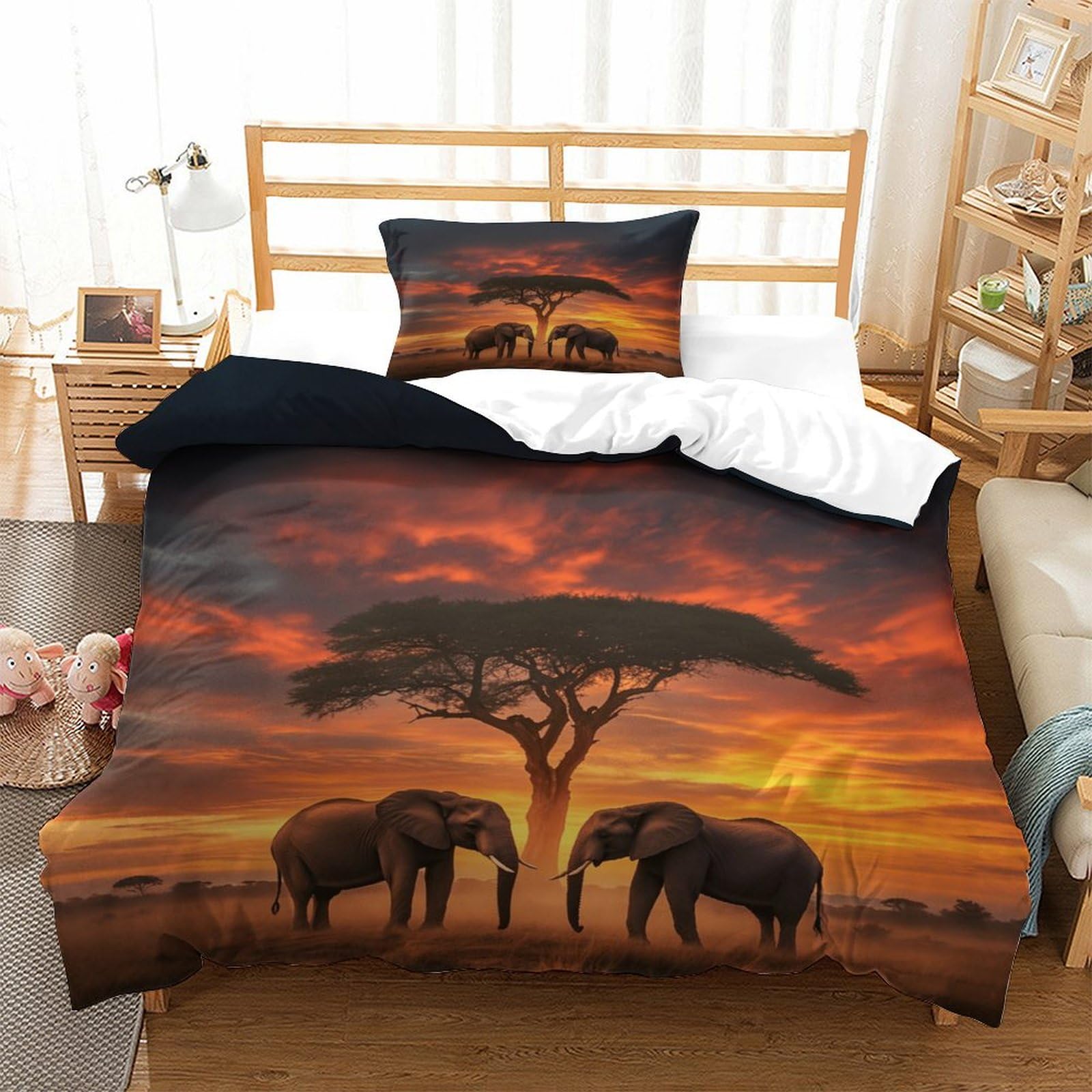 XiaopangXY 3D African Grassland Print Duvet Cover Set Breathable Elephant Bedding Set, Fashionable Quilt Cover Set for Kids & Adults Decoration Kids Comforter Cover Single（135x200cm）