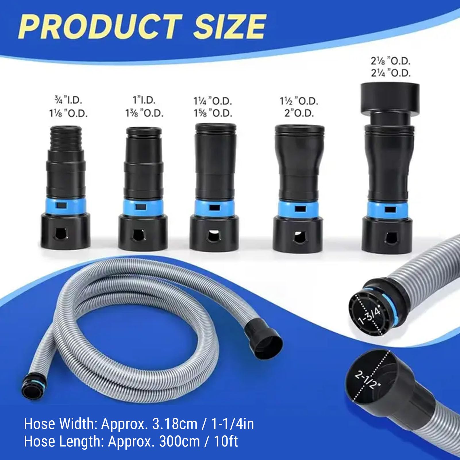 Fabater Kit de Manguera de Recolección de Polvo, Manguera de Aspiradora de 1 1/4 Pulgadas X 10 Pies con 6 Adaptadores y de Rápido, Compatible con la Mayoría de Herramientas